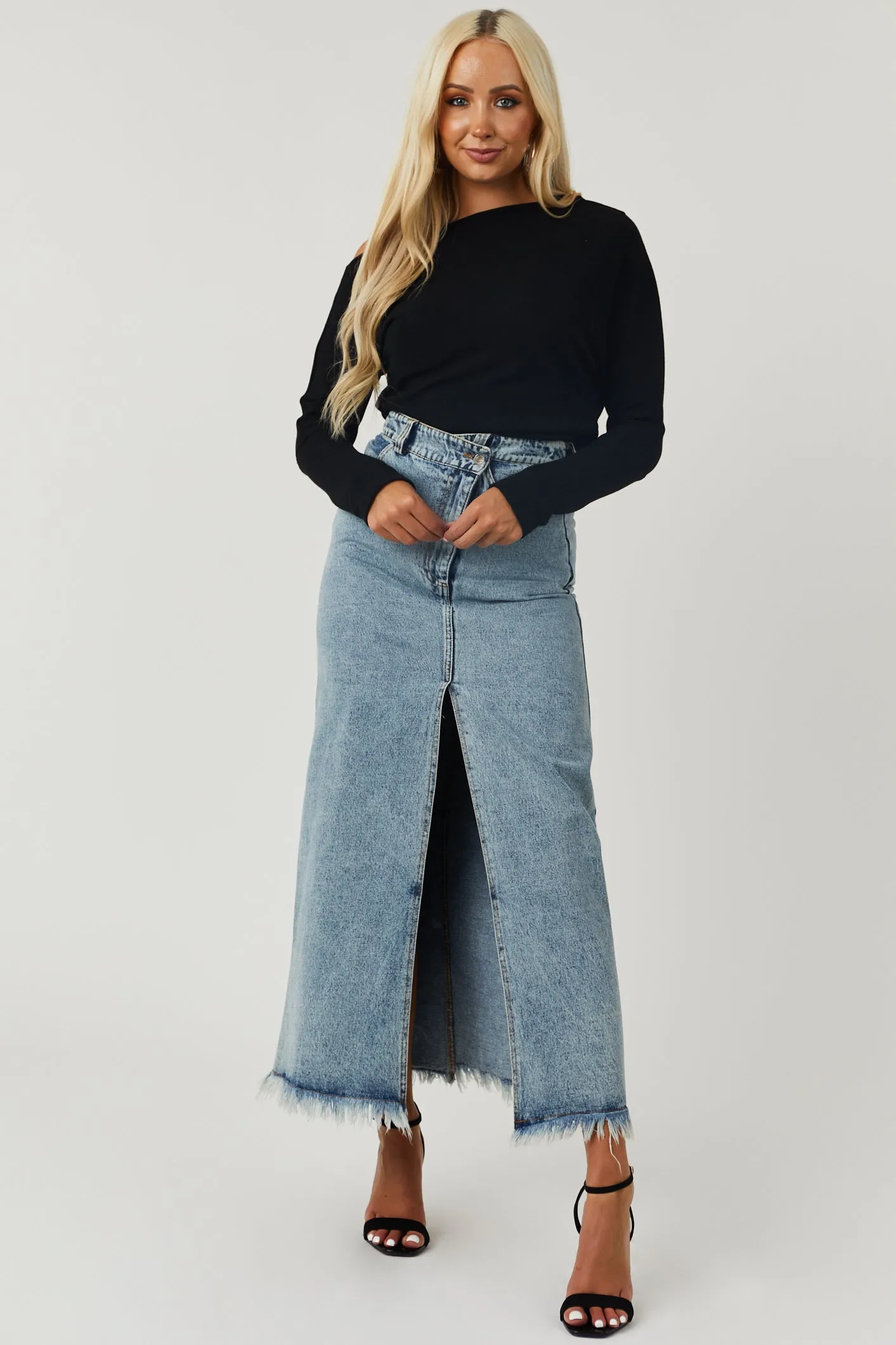 Medium Wash Denim Maxi Skirt with Front Slit sold by Lime Lush product image thumbnail 5