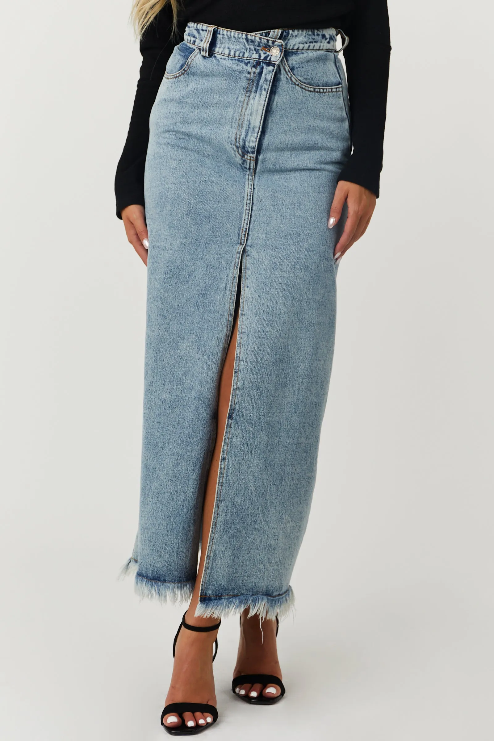 Medium Wash Denim Maxi Skirt with Front Slit sold by Lime Lush product image thumbnail 2