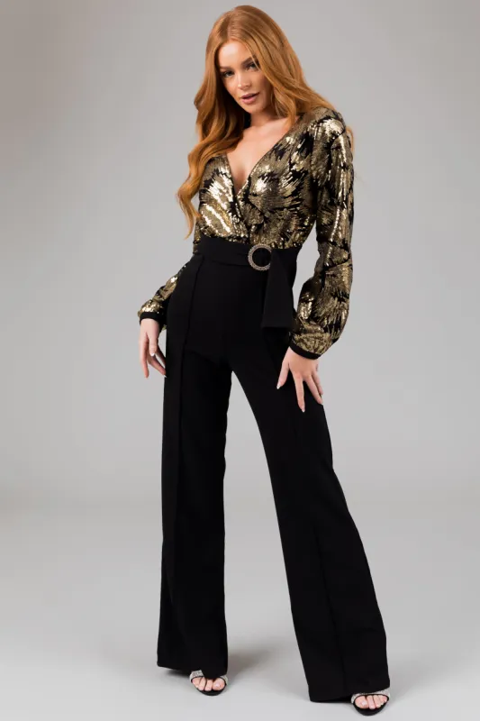 Black and Gold Sequin Long Sleeve Jumpsuit sold by Lime Lush