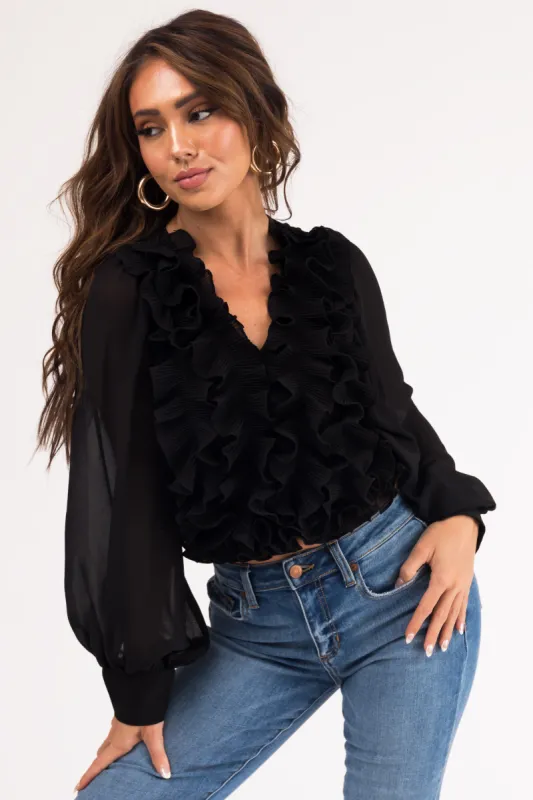 Black Ruffled V Neck Long Sleeve Woven Blouse sold by Lime Lush