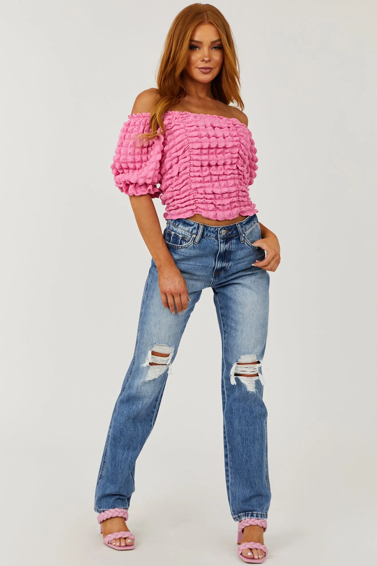 Ceros Medium Wash High Rise Distressed Straight Jeans sold by Lime Lush