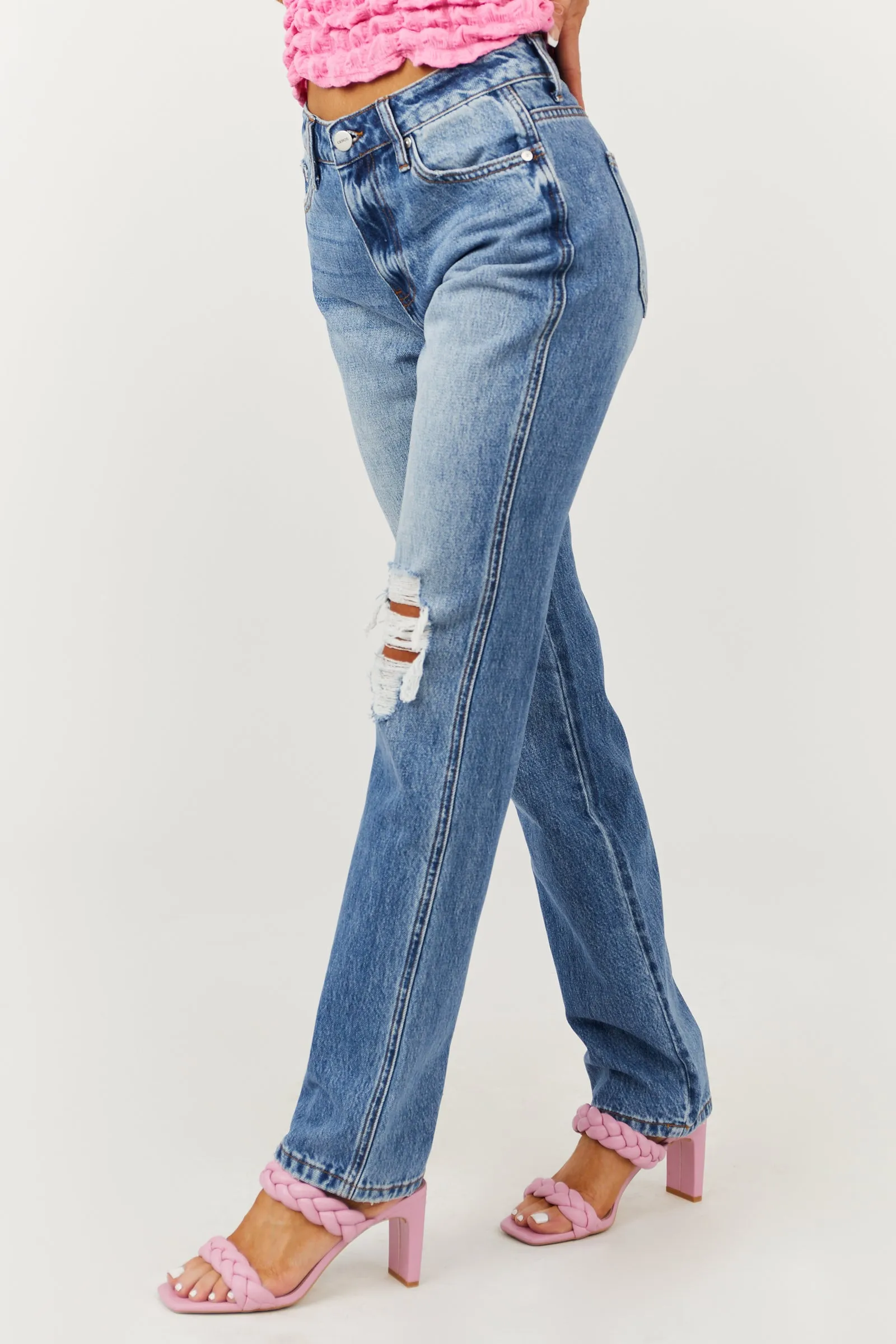 Ceros Medium Wash High Rise Distressed Straight Jeans sold by Lime Lush product image thumbnail 3