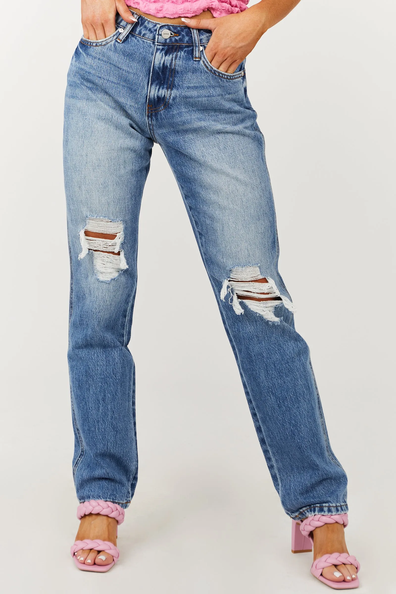 Ceros Medium Wash High Rise Distressed Straight Jeans sold by Lime Lush product image thumbnail 2