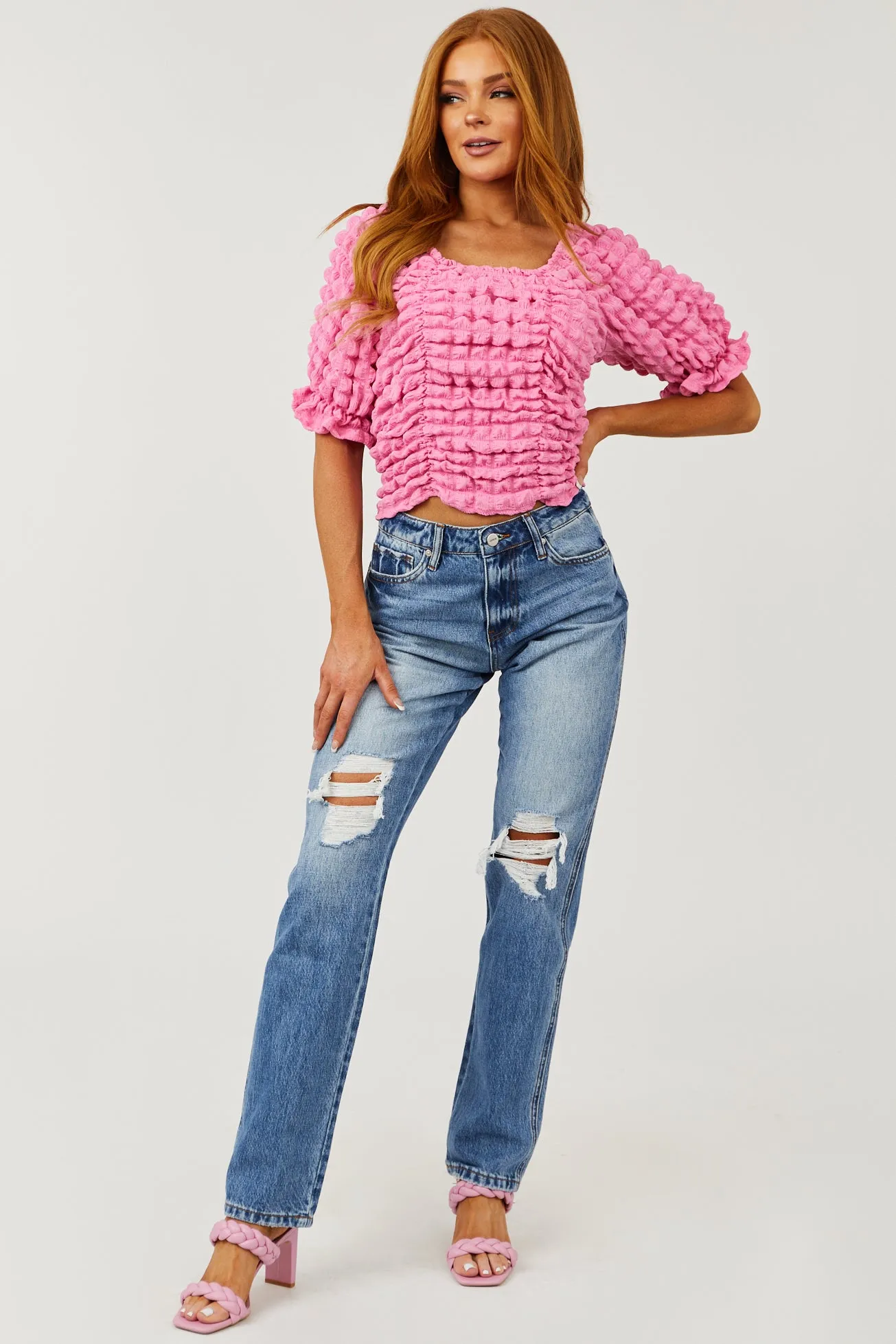 Ceros Medium Wash High Rise Distressed Straight Jeans sold by Lime Lush product image thumbnail 5