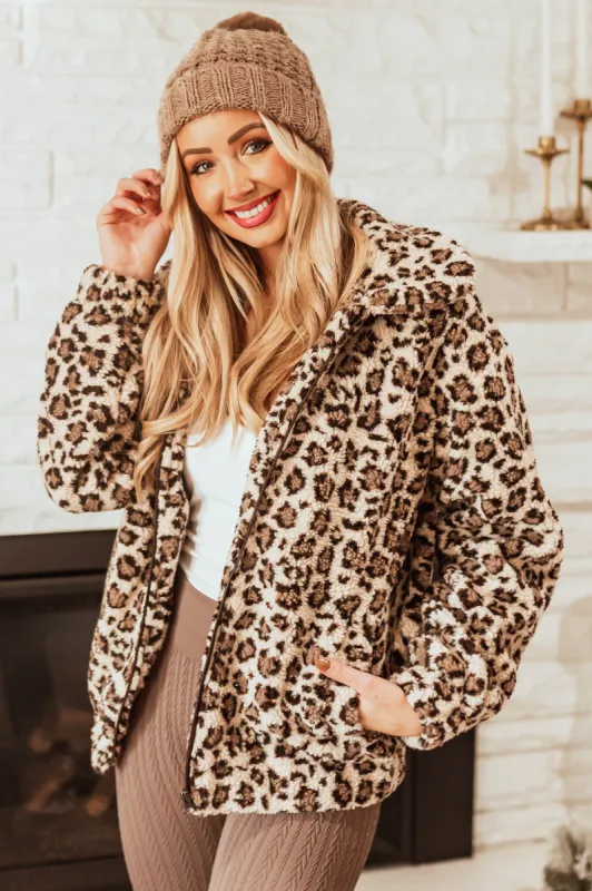 Light Beige Leopard Print Zip Up Sherpa Jacket sold by Lime Lush
