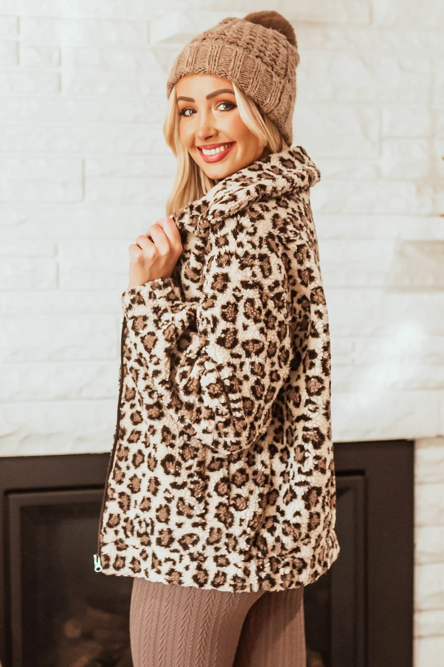 Light Beige Leopard Print Zip Up Sherpa Jacket sold by Lime Lush product image thumbnail 4