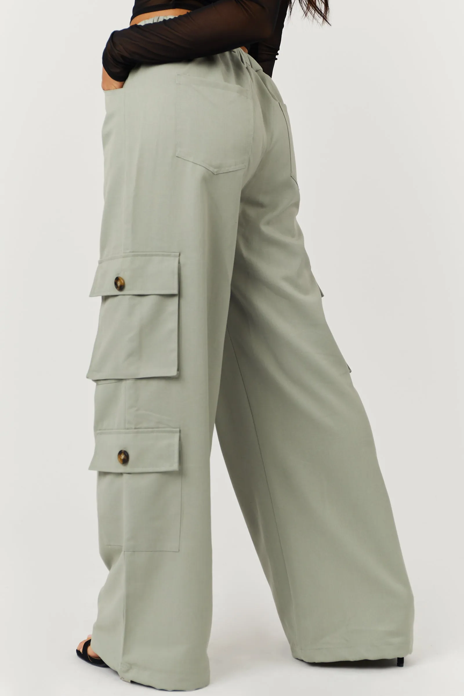Dusty Sage High Rise Drawstring Wide Leg Cargo Pants sold by Lime Lush product image thumbnail 3