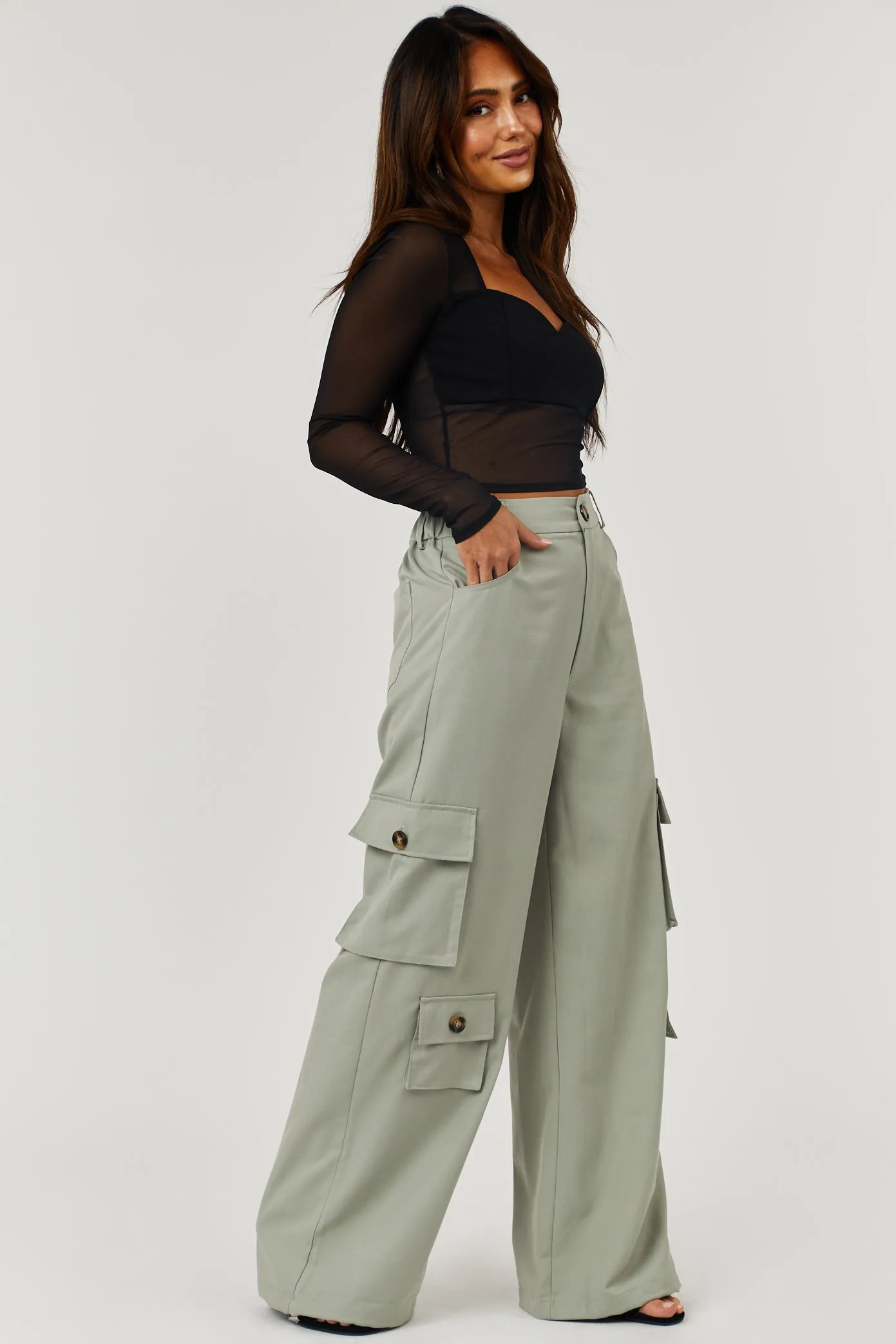 Dusty Sage High Rise Drawstring Wide Leg Cargo Pants sold by Lime Lush product image thumbnail 5