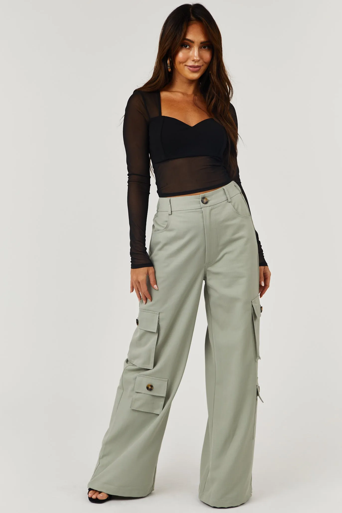 Dusty Sage High Rise Drawstring Wide Leg Cargo Pants sold by Lime Lush