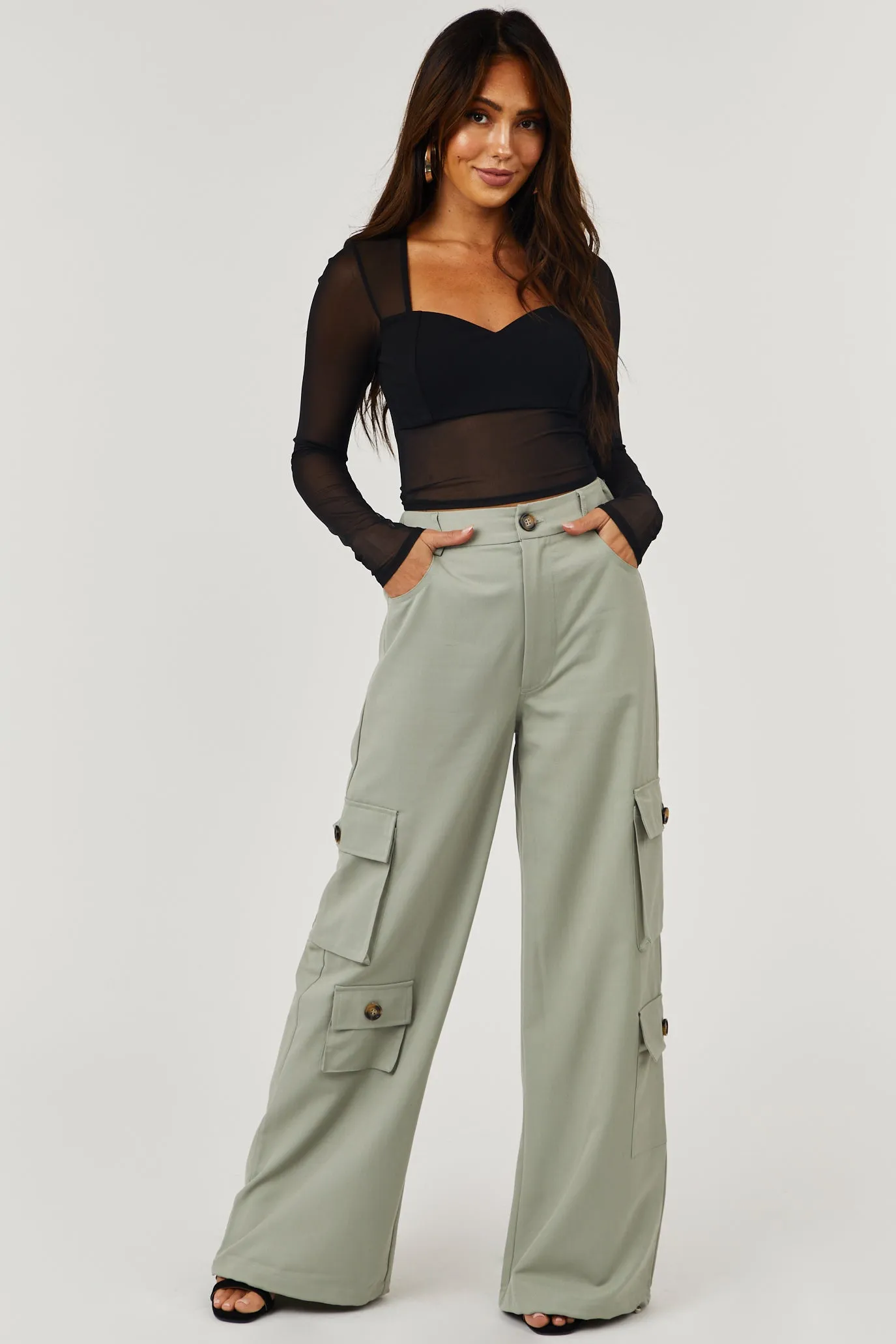 Dusty Sage High Rise Drawstring Wide Leg Cargo Pants sold by Lime Lush product image thumbnail 4