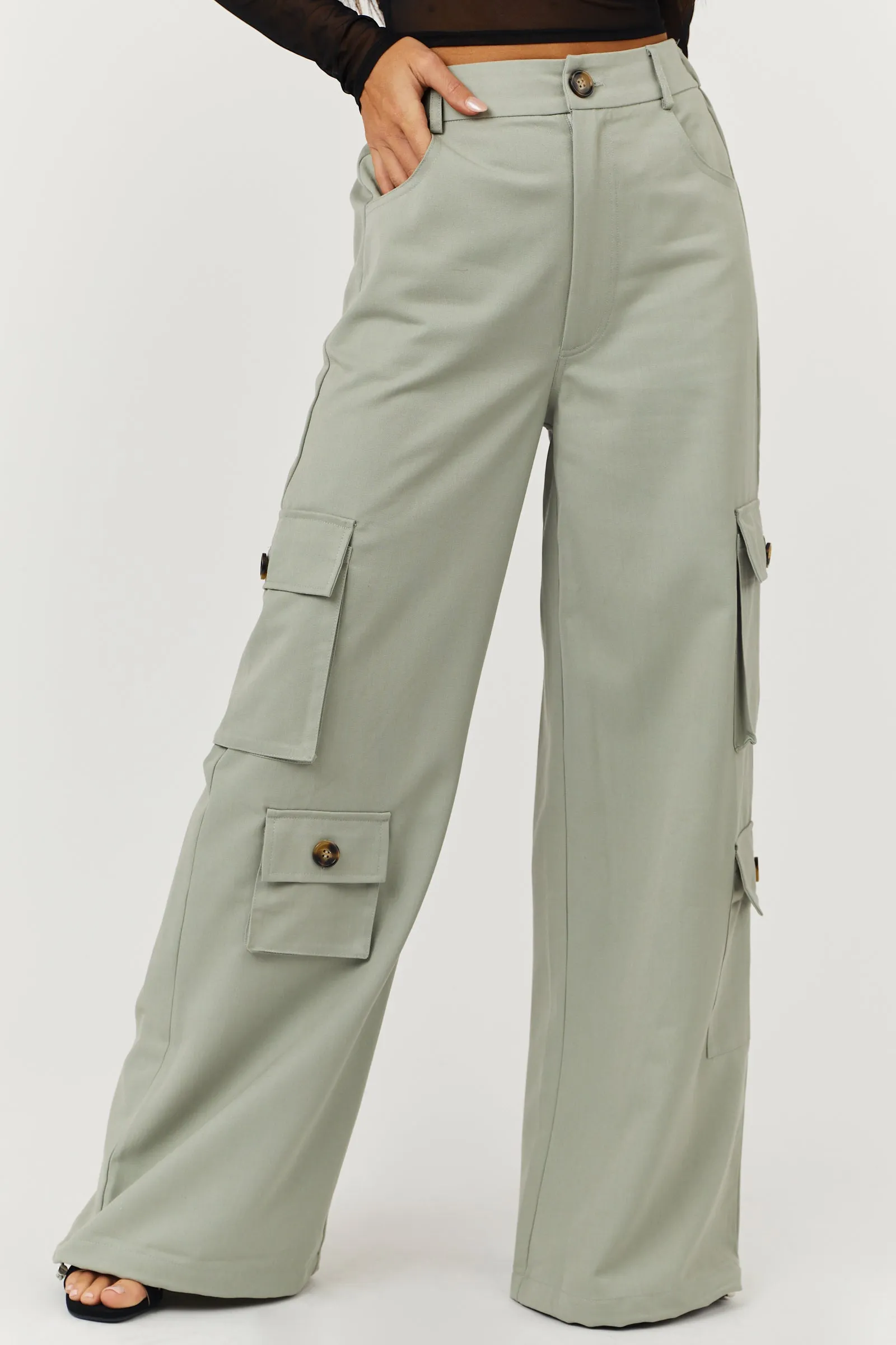 Dusty Sage High Rise Drawstring Wide Leg Cargo Pants sold by Lime Lush product image thumbnail 2