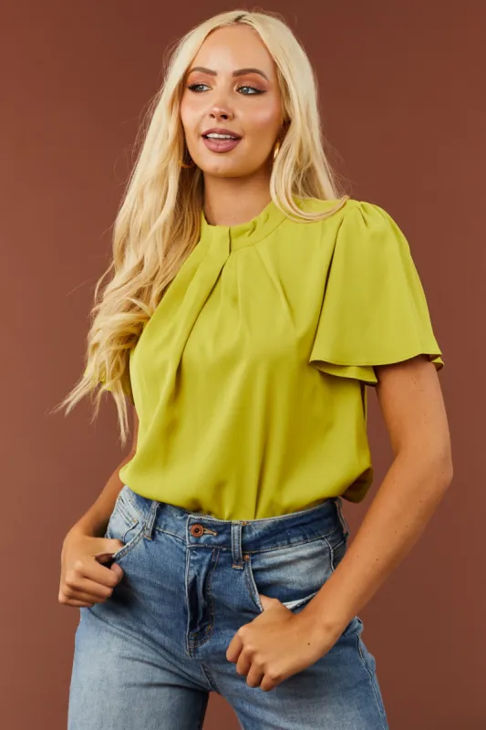 Lime Pleated High Neck Flutter Sleeve Blouse sold by Lime Lush
