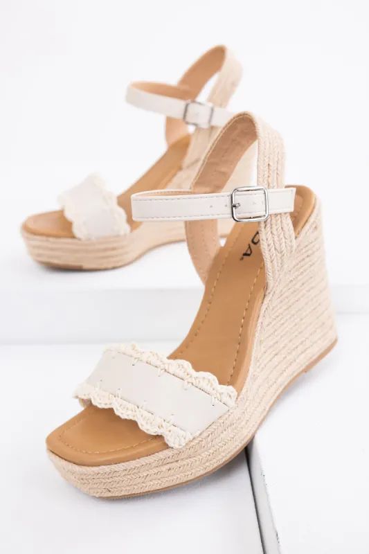 Ivory Crochet Trim Strap Espadrille Wedges sold by Lime Lush