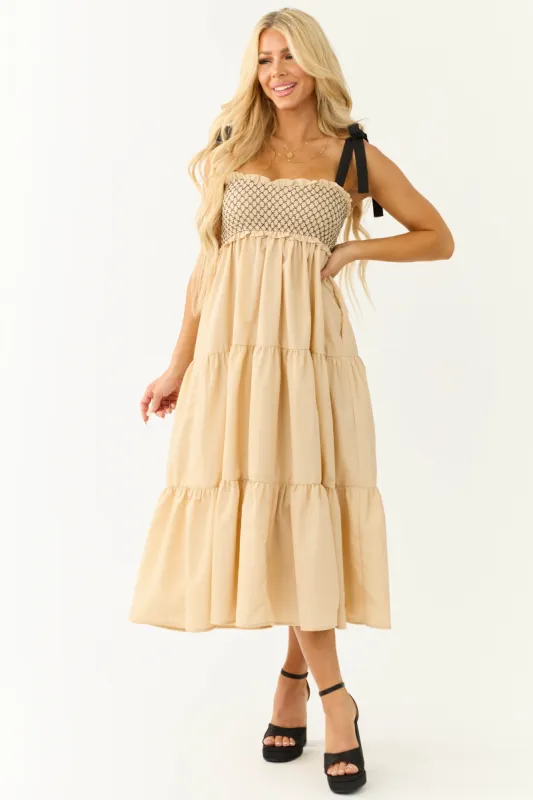 Beige Contrast Smocked Ribbon Strap Midi Dress sold by Lime Lush
