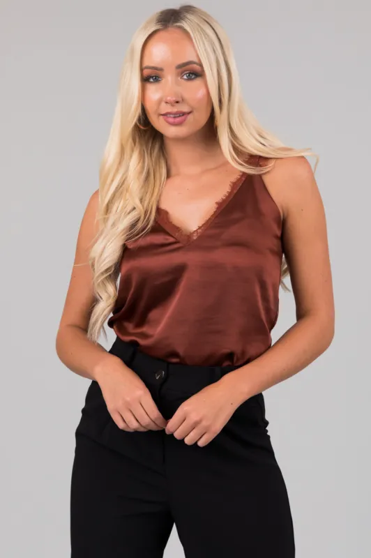 Chocolate Sleeveless Lace Trim V Neck Cami Top sold by Lime Lush