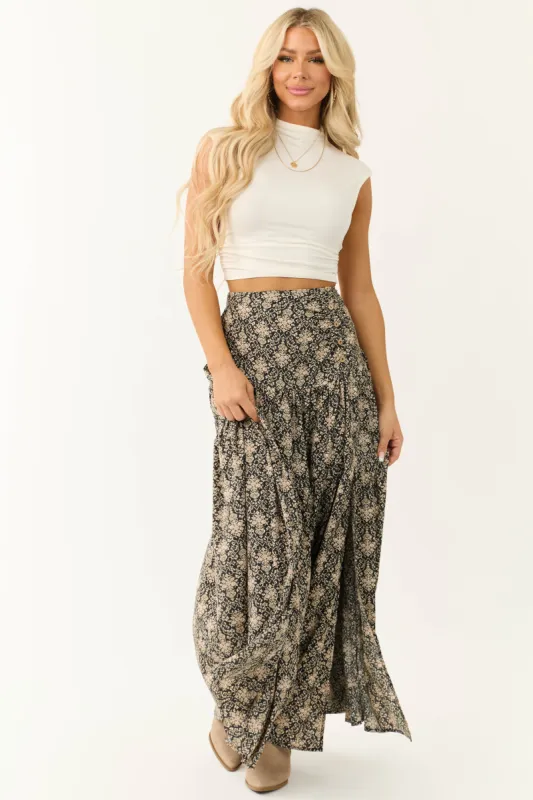 Black Abstract Print Front Slit Maxi Skirt sold by Lime Lush