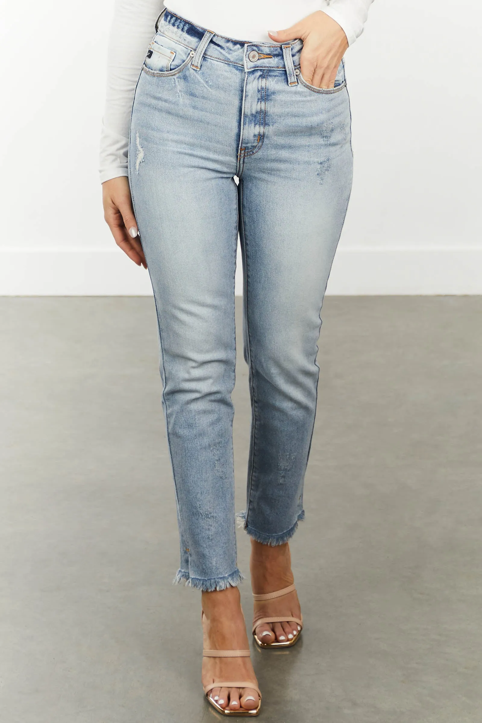 KanCan Light Wash Straight Leg Jeans with Frayed Hem sold by Lime Lush