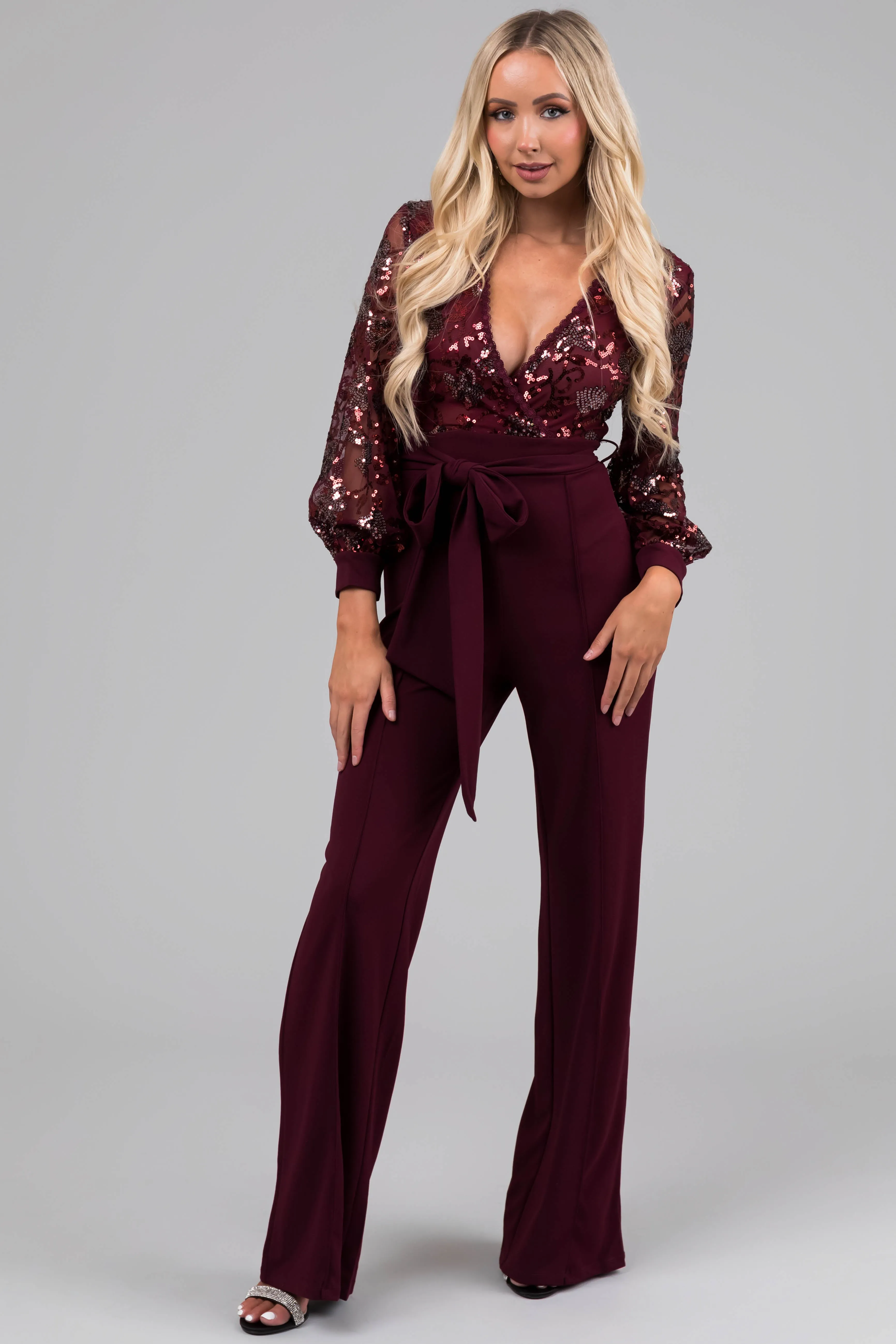 Wine Sequin Deep V Neck Wide Leg Jumpsuit sold by Lime Lush