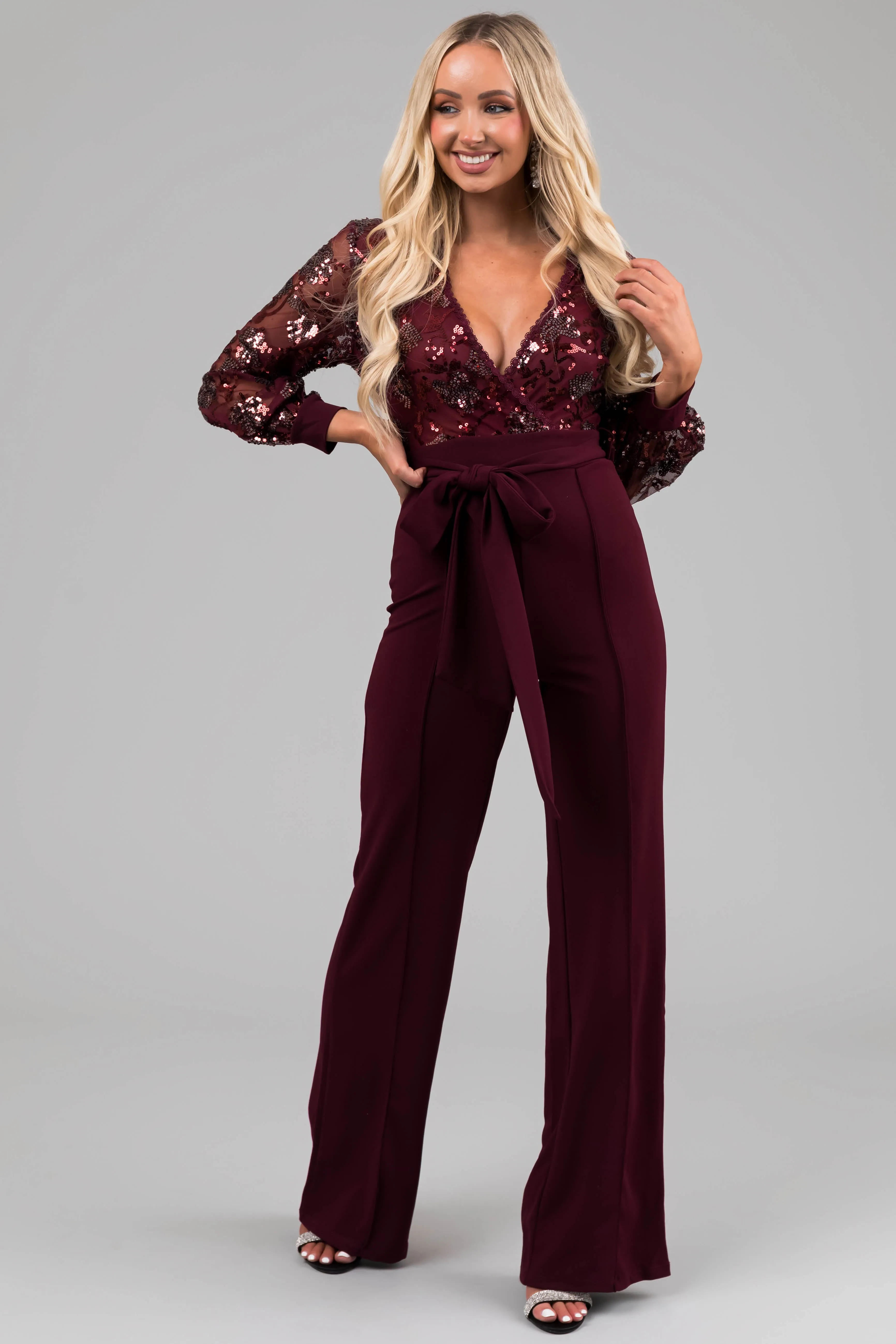 Wine Sequin Deep V Neck Wide Leg Jumpsuit sold by Lime Lush product image thumbnail 2