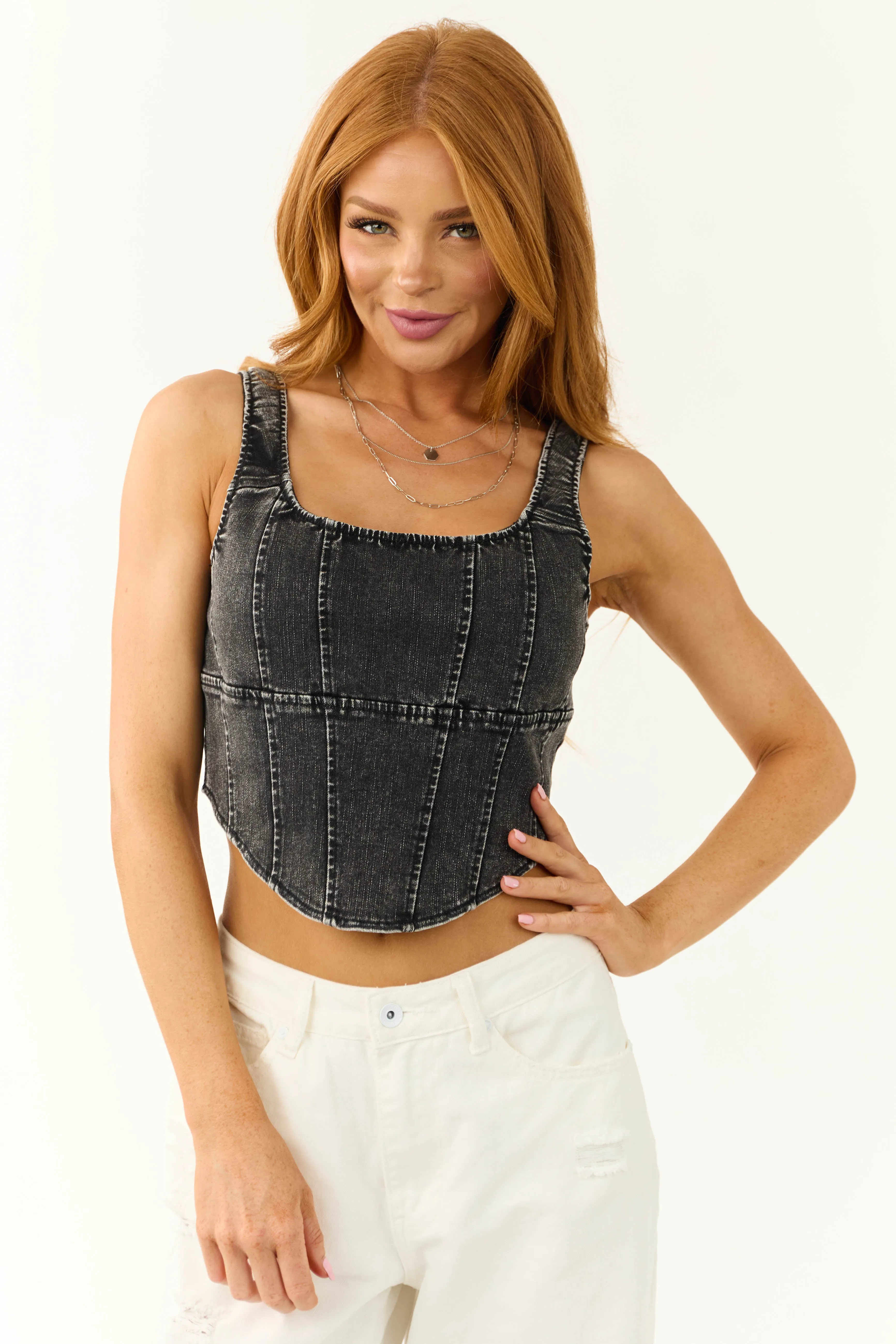 Washed Black Denim Sleeveless Corset Top sold by Lime Lush