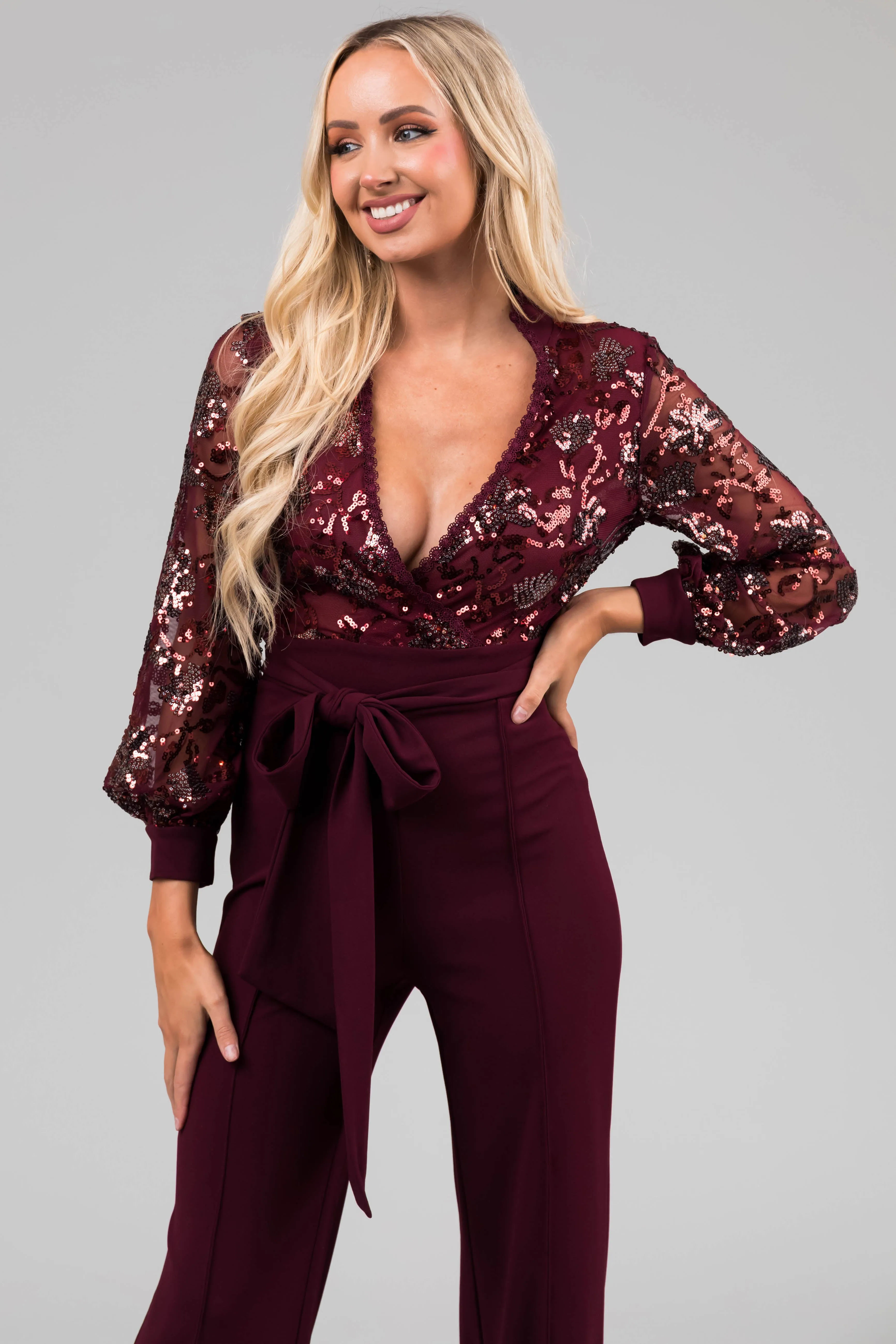 Wine Sequin Deep V Neck Wide Leg Jumpsuit sold by Lime Lush product image thumbnail 5