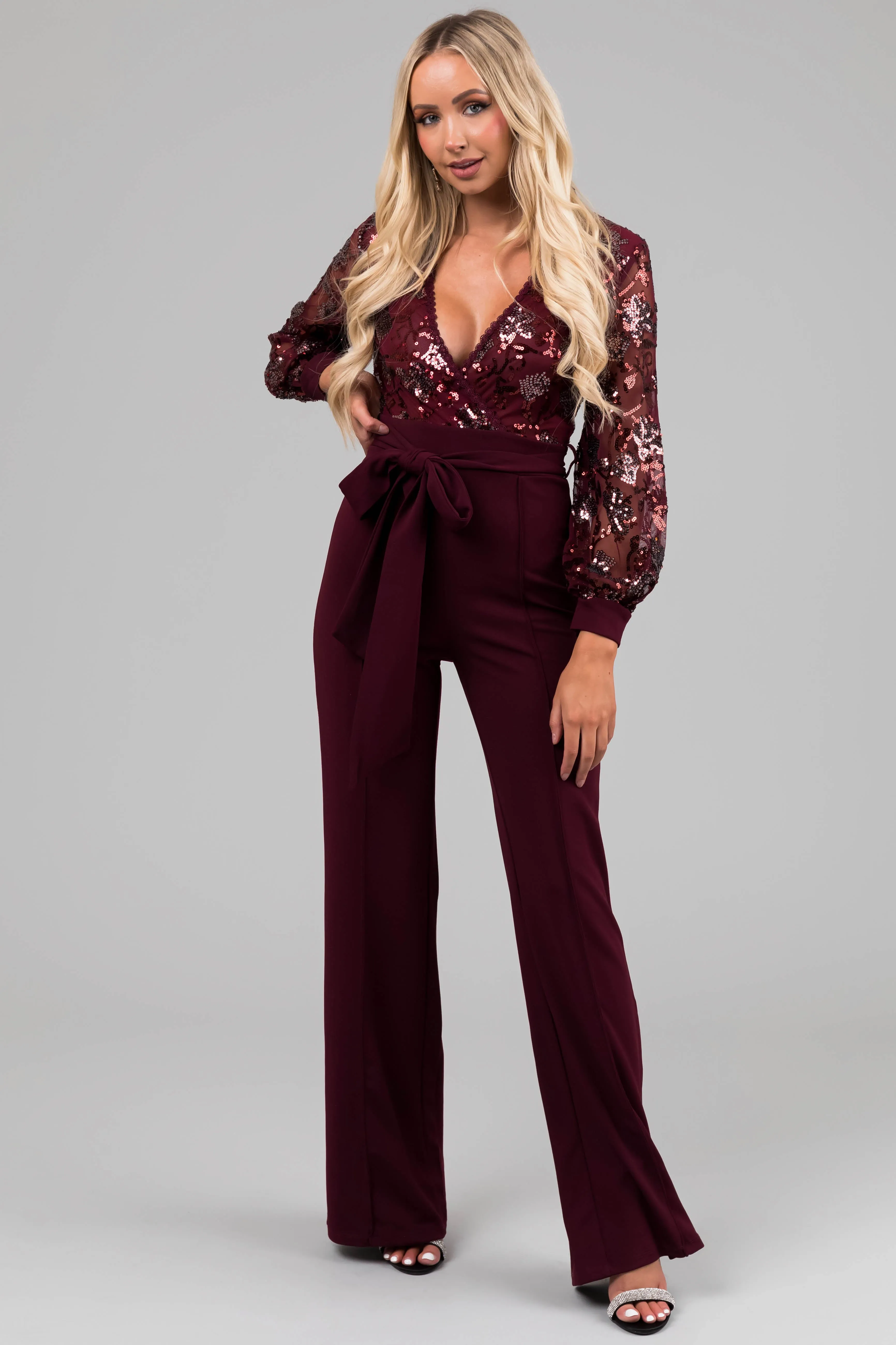 Wine Sequin Deep V Neck Wide Leg Jumpsuit sold by Lime Lush product image thumbnail 3