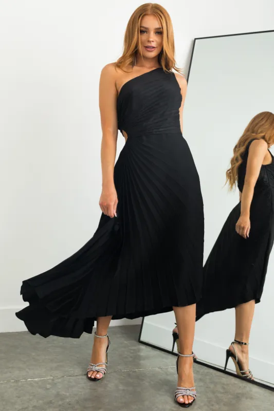 Black One Shoulder Side Cut Out Pleated Midi Dress sold by Lime Lush