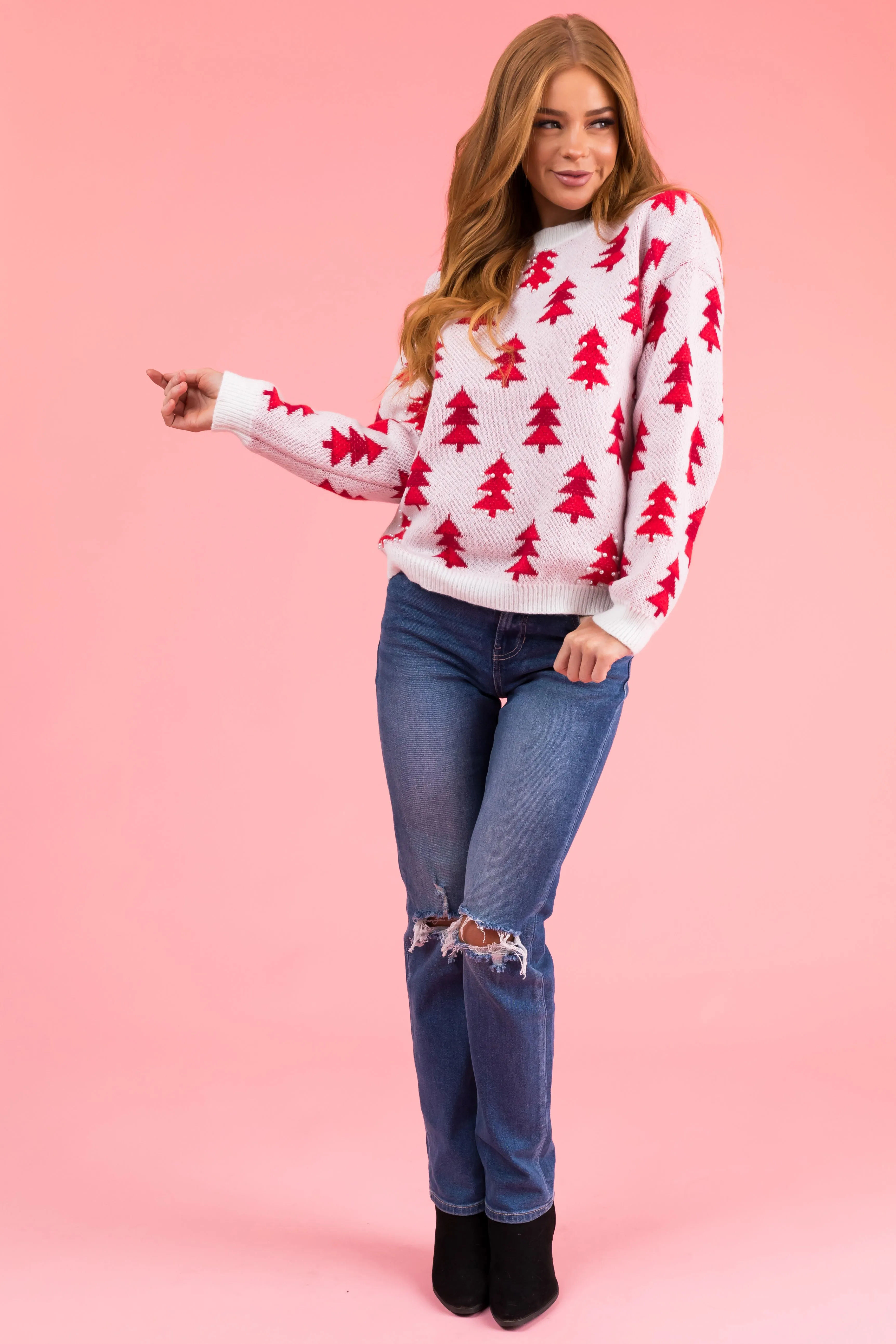 Ivory Christmas Tree Pearl Graphic Sweater sold by Lime Lush product image thumbnail 3