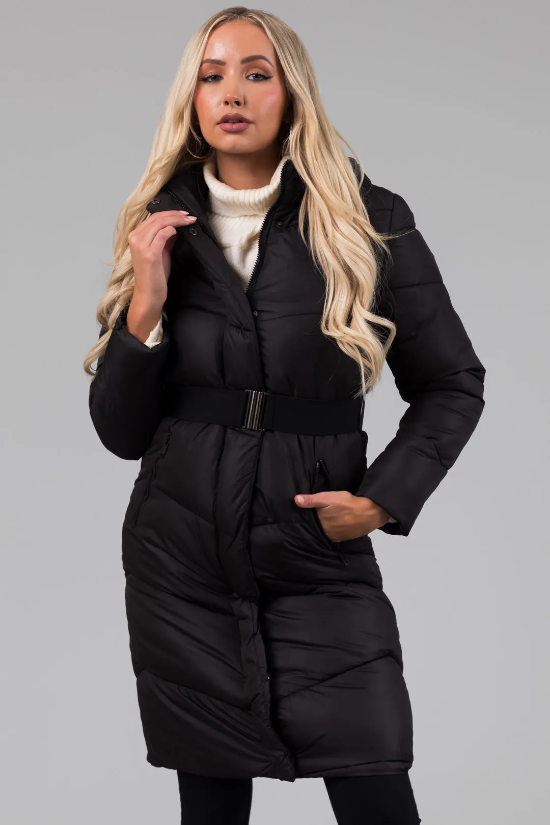 Black Knee Length Belt Hooded Puffer Coat sold by Lime Lush