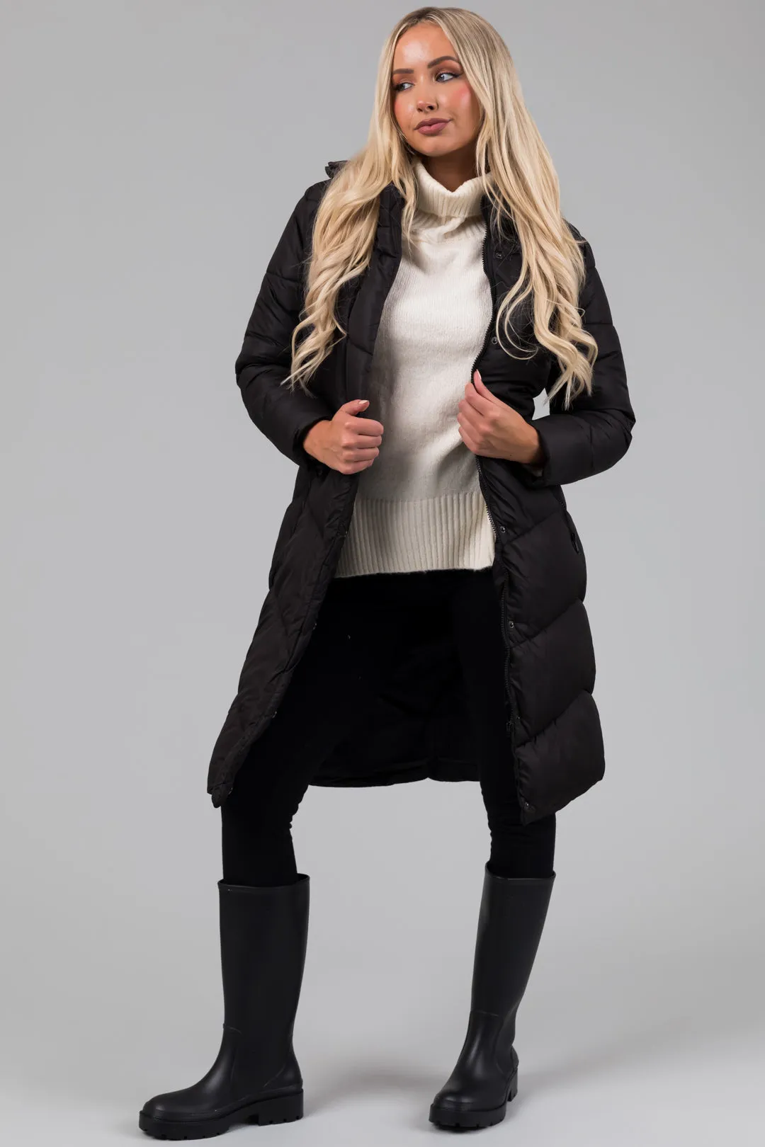 Black Knee Length Belt Hooded Puffer Coat sold by Lime Lush product image thumbnail 5