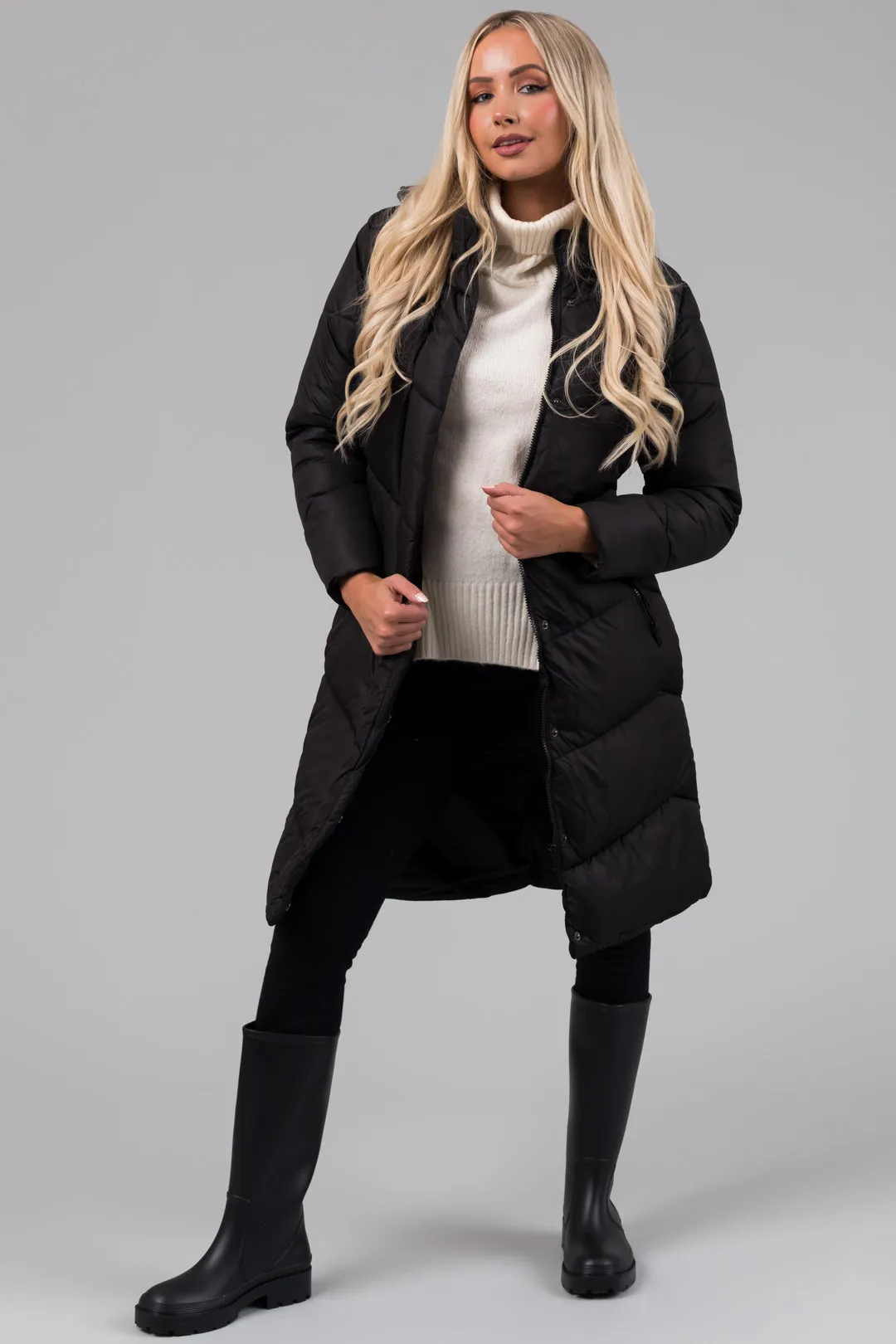 Black Knee Length Belt Hooded Puffer Coat sold by Lime Lush product image thumbnail 4