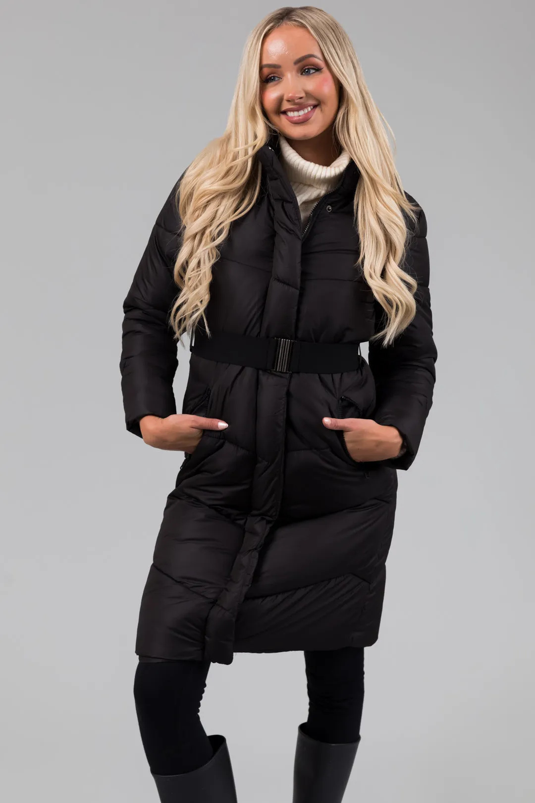 Black Knee Length Belt Hooded Puffer Coat sold by Lime Lush product image thumbnail 2