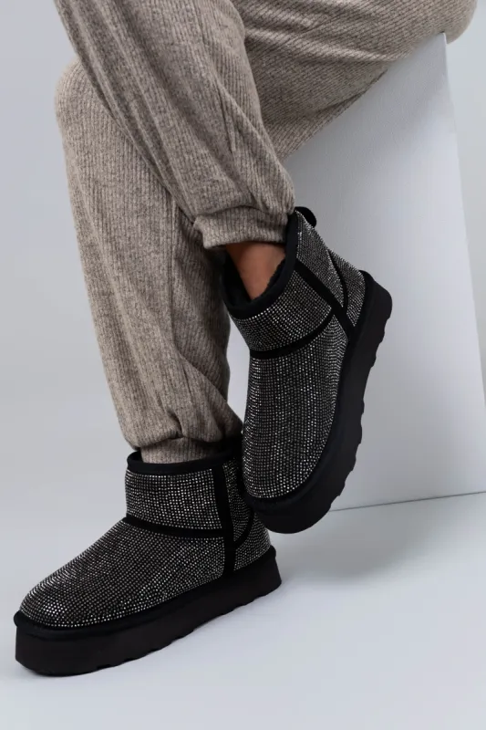 Black Rhinestone Fleece Lined Platform Booties sold by Lime Lush