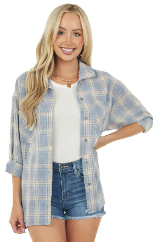 She+Sky Dusty Blue Plaid Front Knot Button Down Shirt sold by Lime Lush