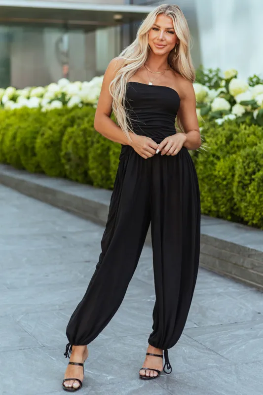 Black Strapless Wide Leg Ruched Jumpsuit sold by Lime Lush