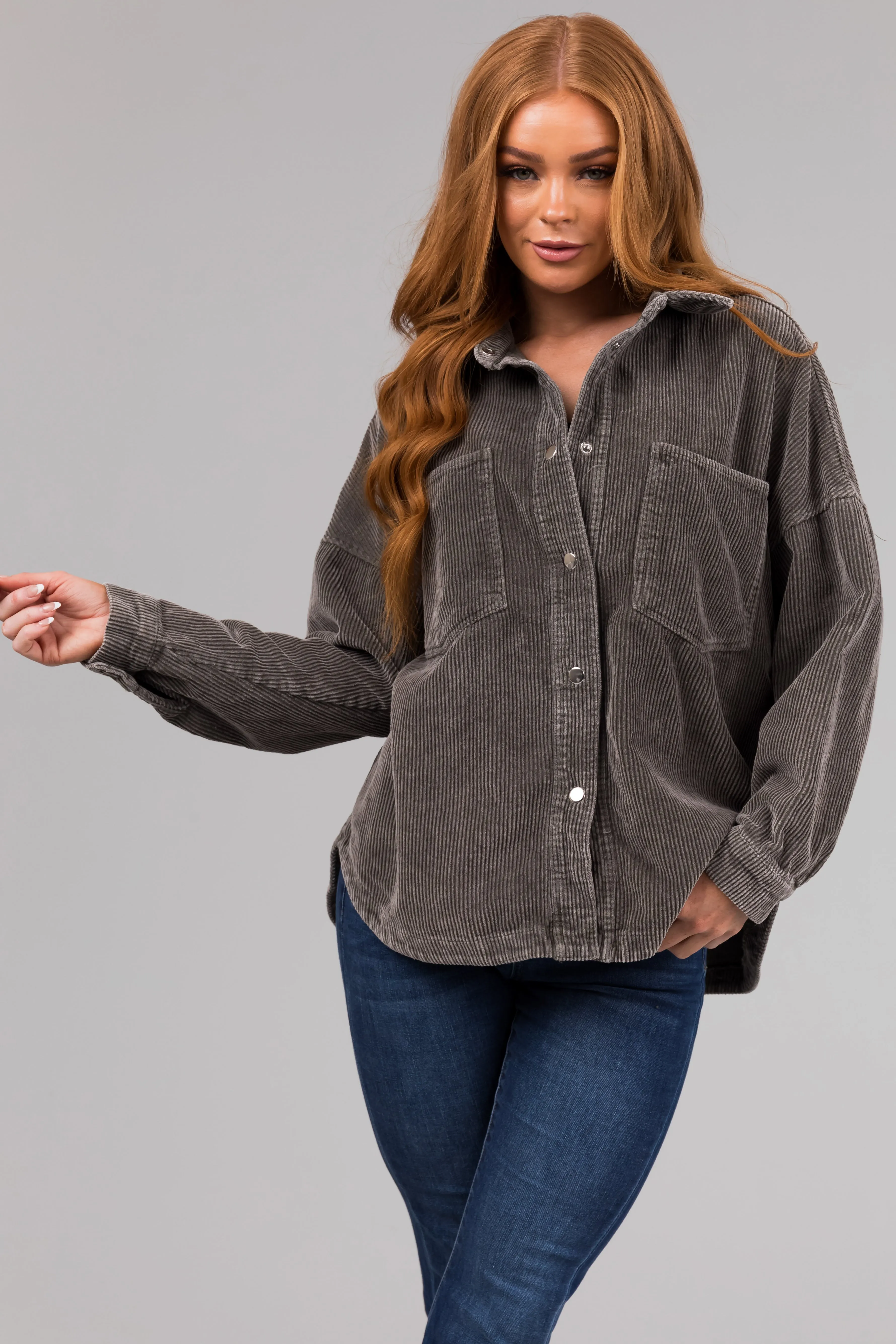 She+Sky Faded Olive Snap Button Corduroy Shacket sold by Lime Lush