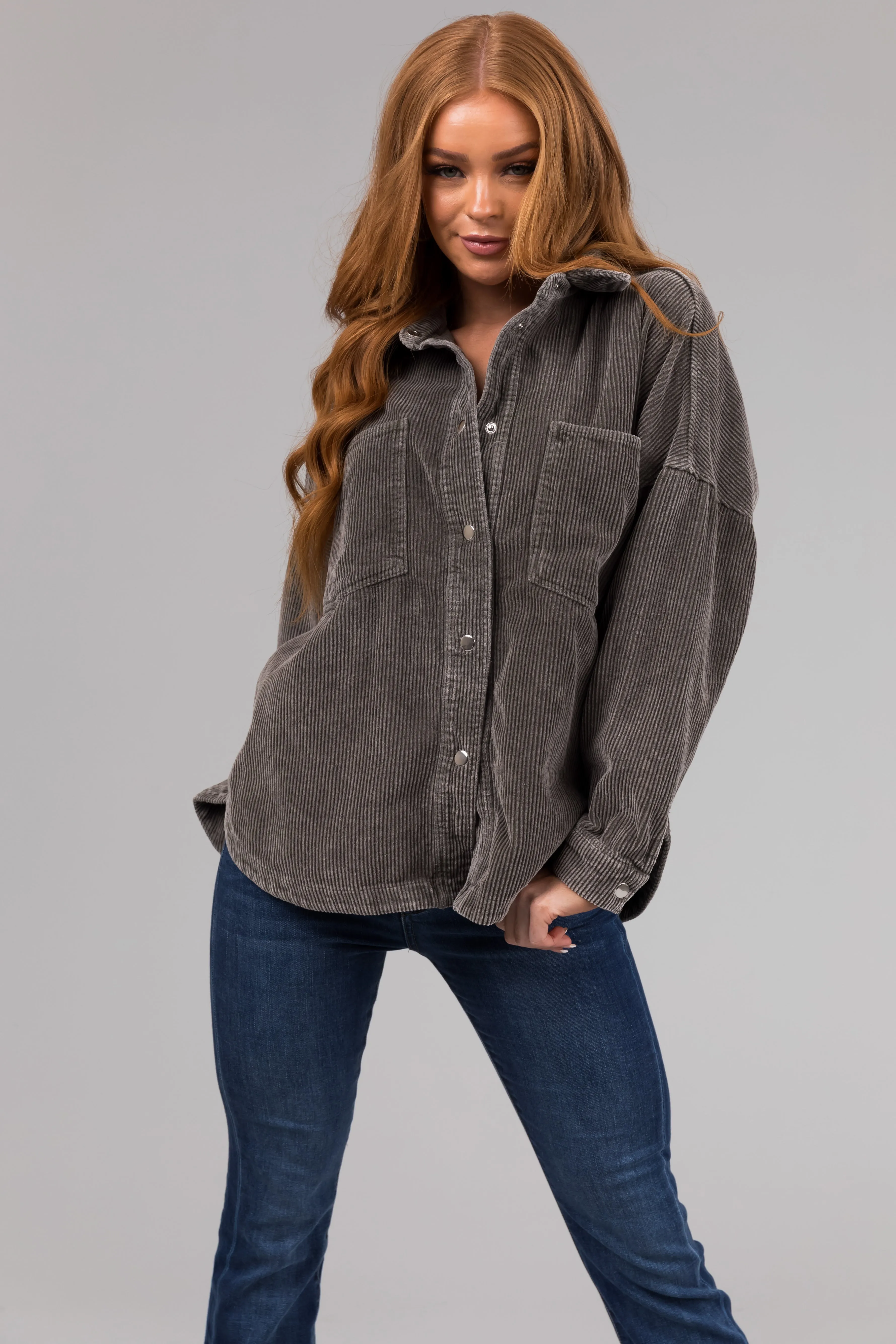 She+Sky Faded Olive Snap Button Corduroy Shacket sold by Lime Lush product image thumbnail 2