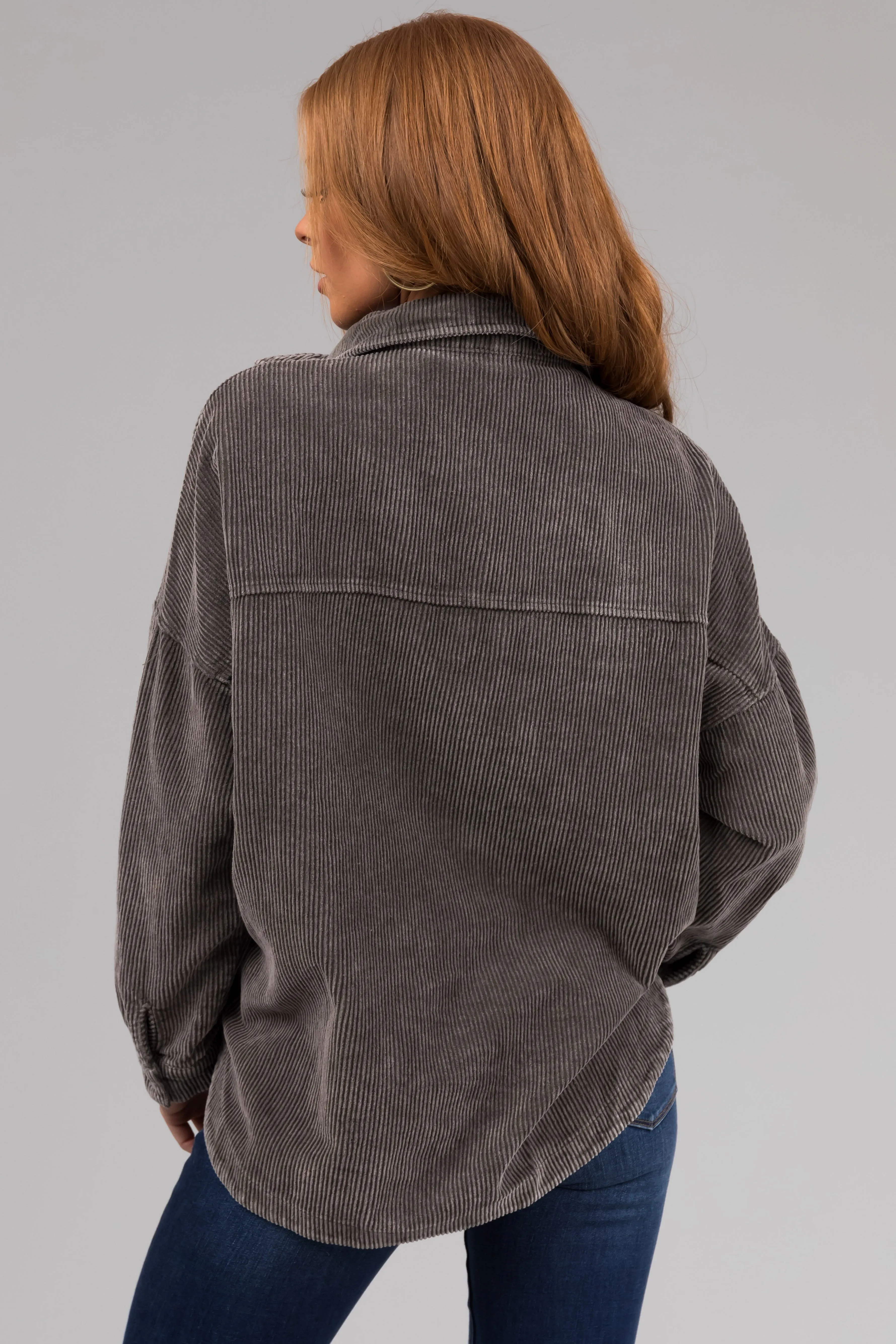 She+Sky Faded Olive Snap Button Corduroy Shacket sold by Lime Lush product image thumbnail 5