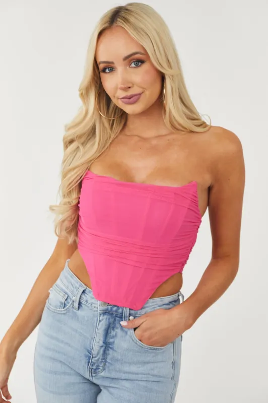 Hot Pink Strapless Mesh Corset Crop Top sold by Lime Lush