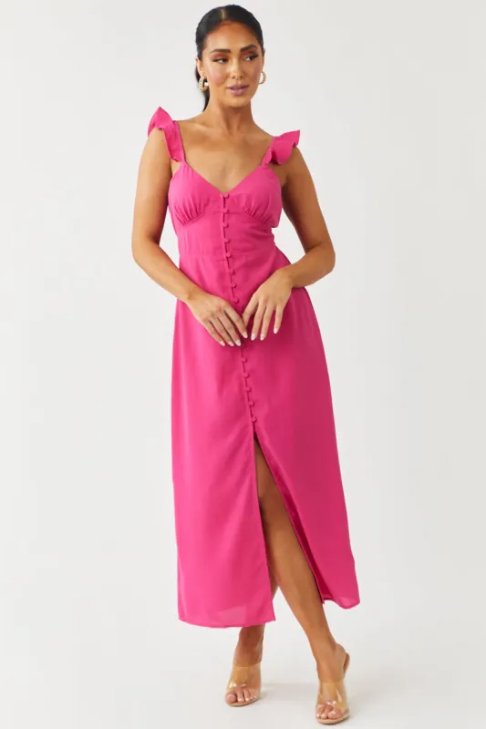 Magenta Button Front Ruffle Strap Midi Dress sold by Lime Lush