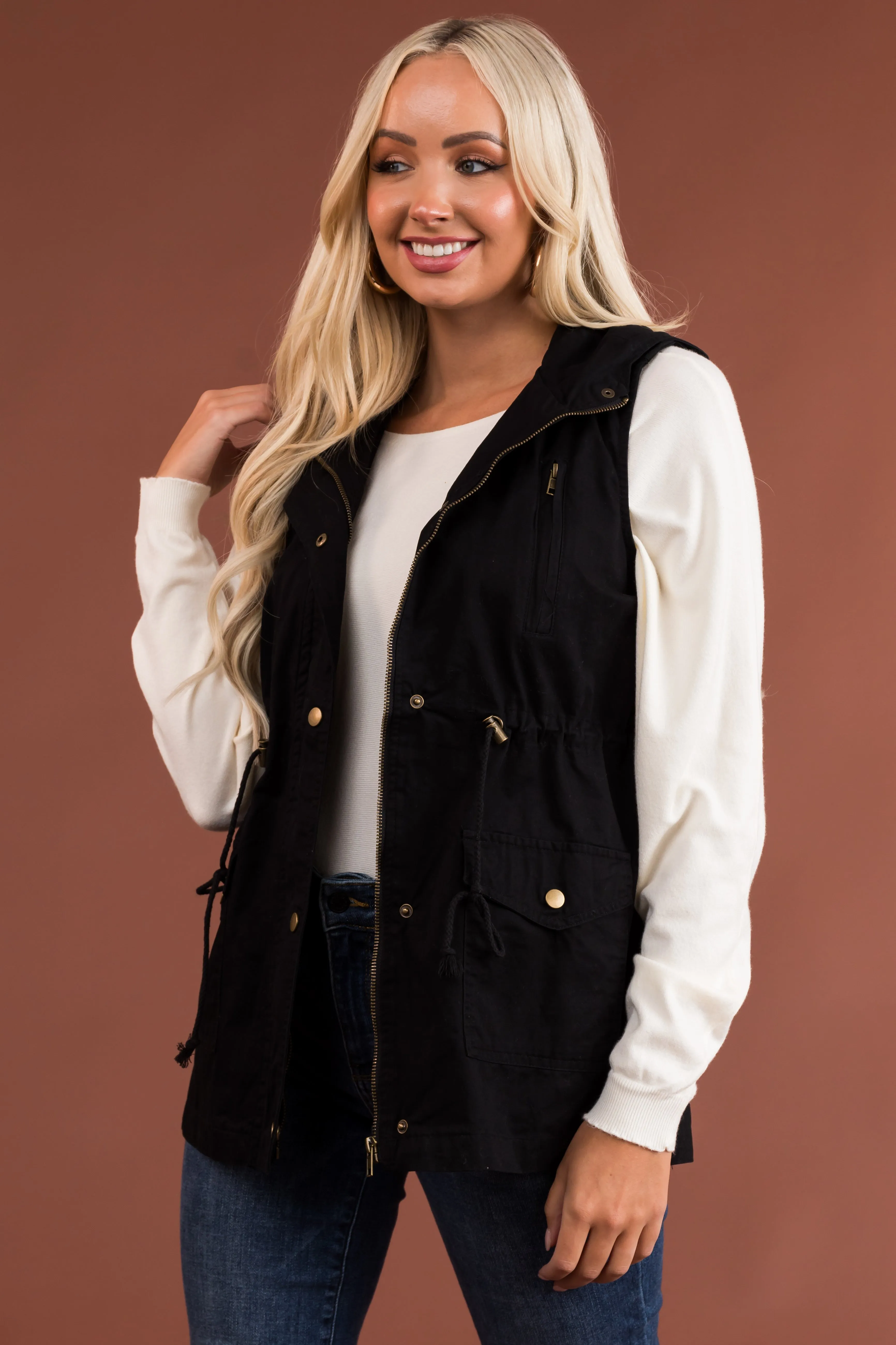 Black Buttoned Hooded Drawstring Waist Vest sold by Lime Lush