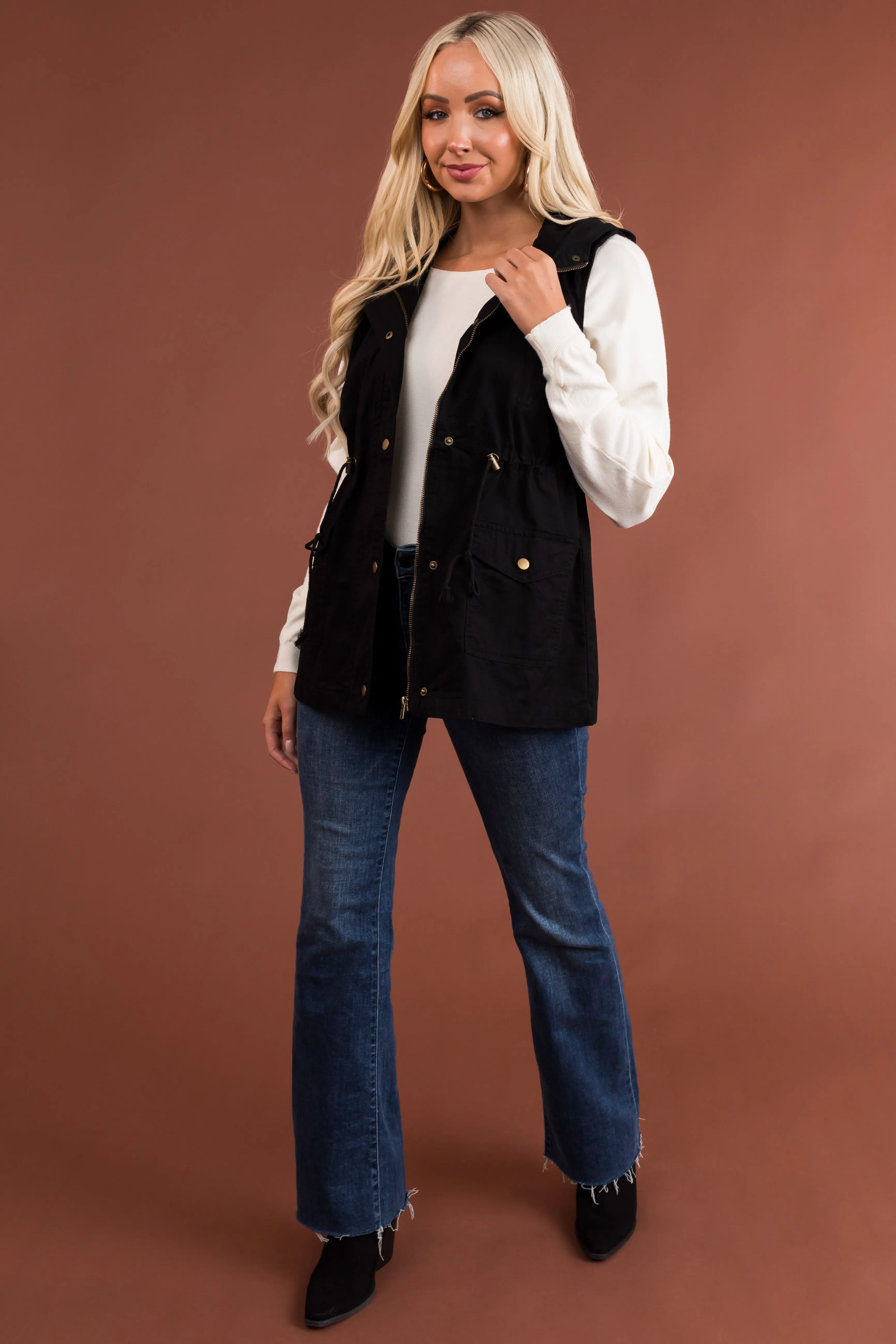 Black Buttoned Hooded Drawstring Waist Vest sold by Lime Lush product image thumbnail 3