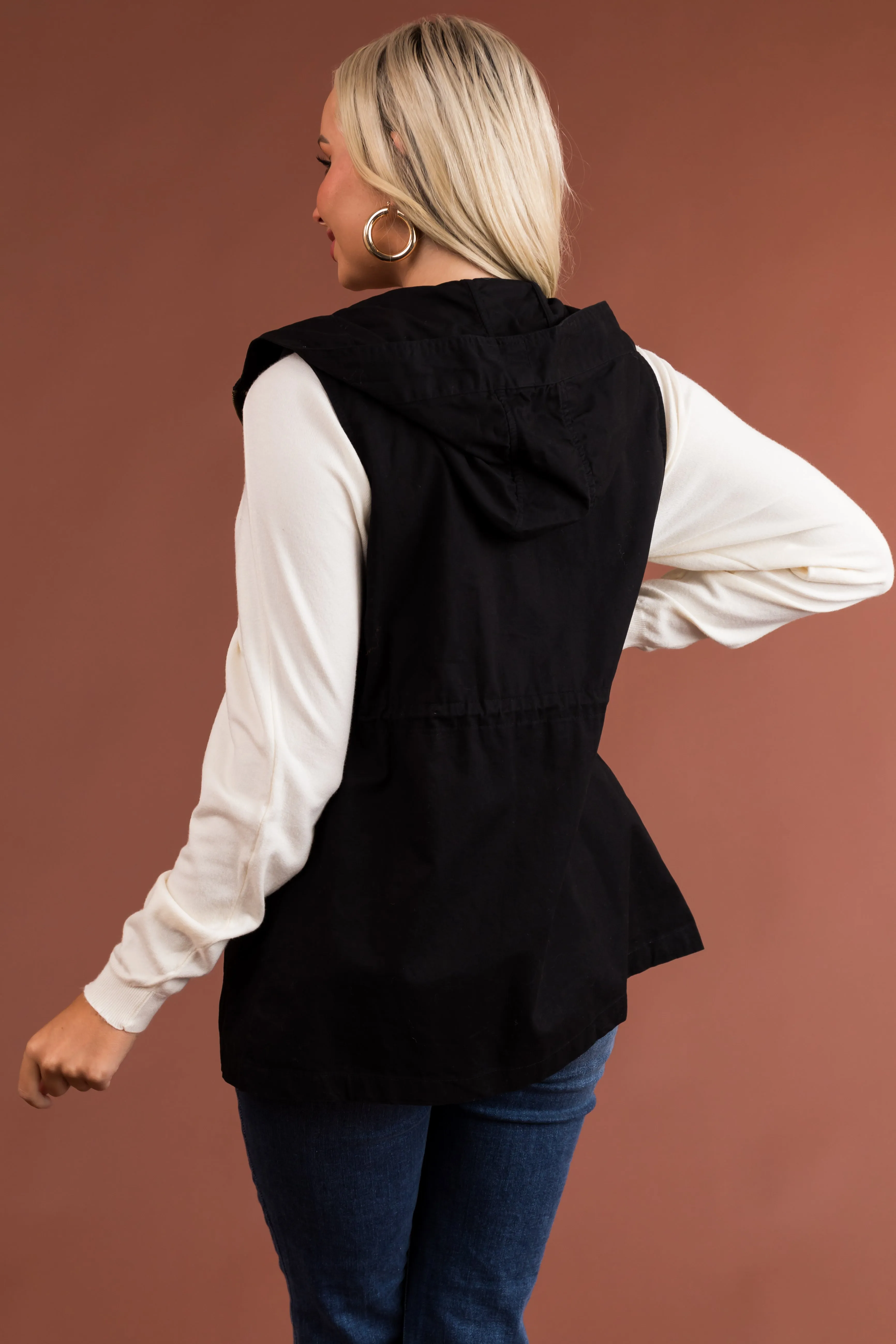 Black Buttoned Hooded Drawstring Waist Vest sold by Lime Lush product image thumbnail 5