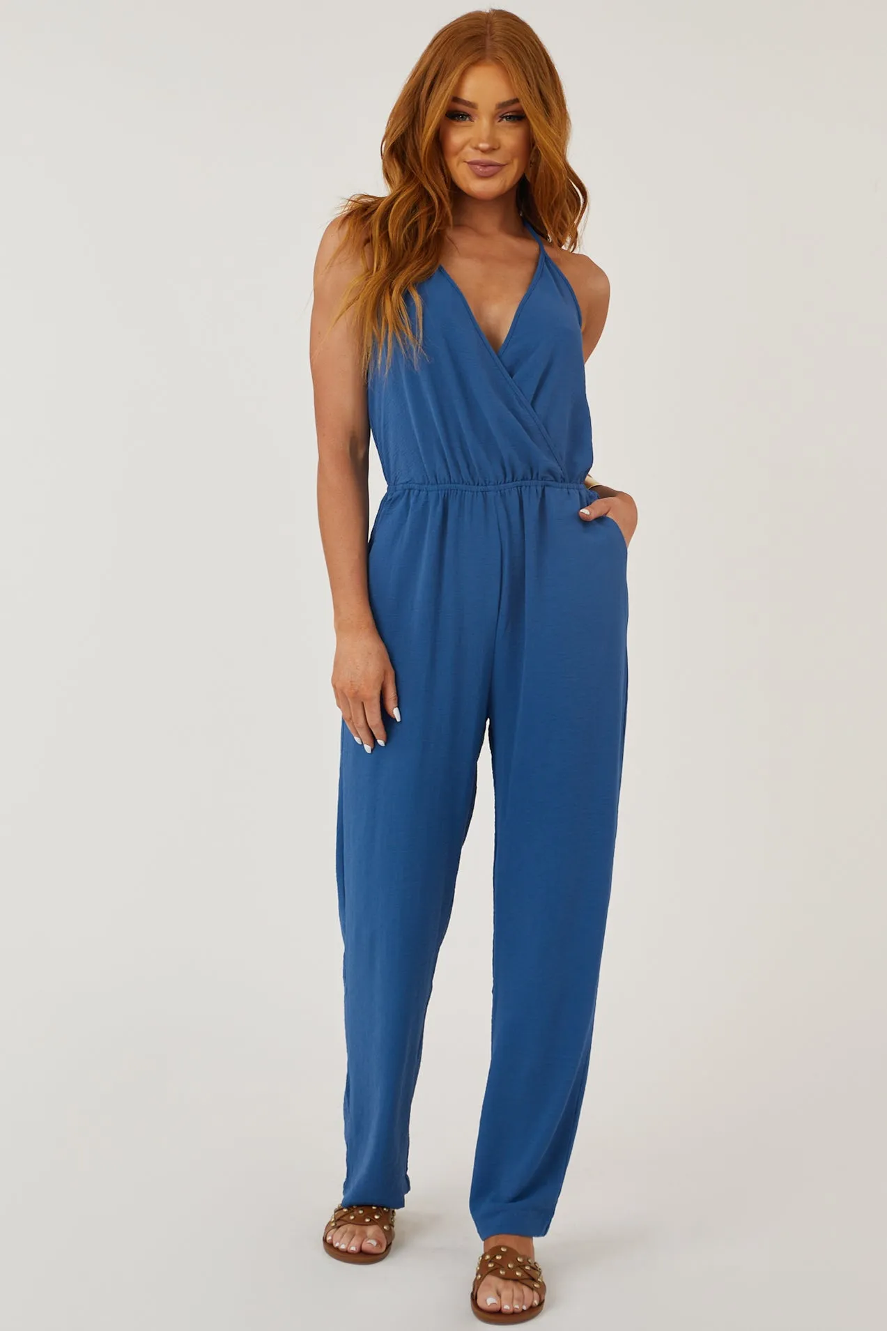 Steel Blue Open Back Jumpsuit with V Neck Tie sold by Lime Lush product image thumbnail 2