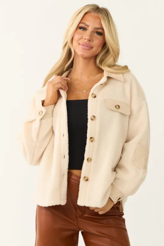 Cream Sherpa Shacket with Faux Leather Detail sold by Lime Lush
