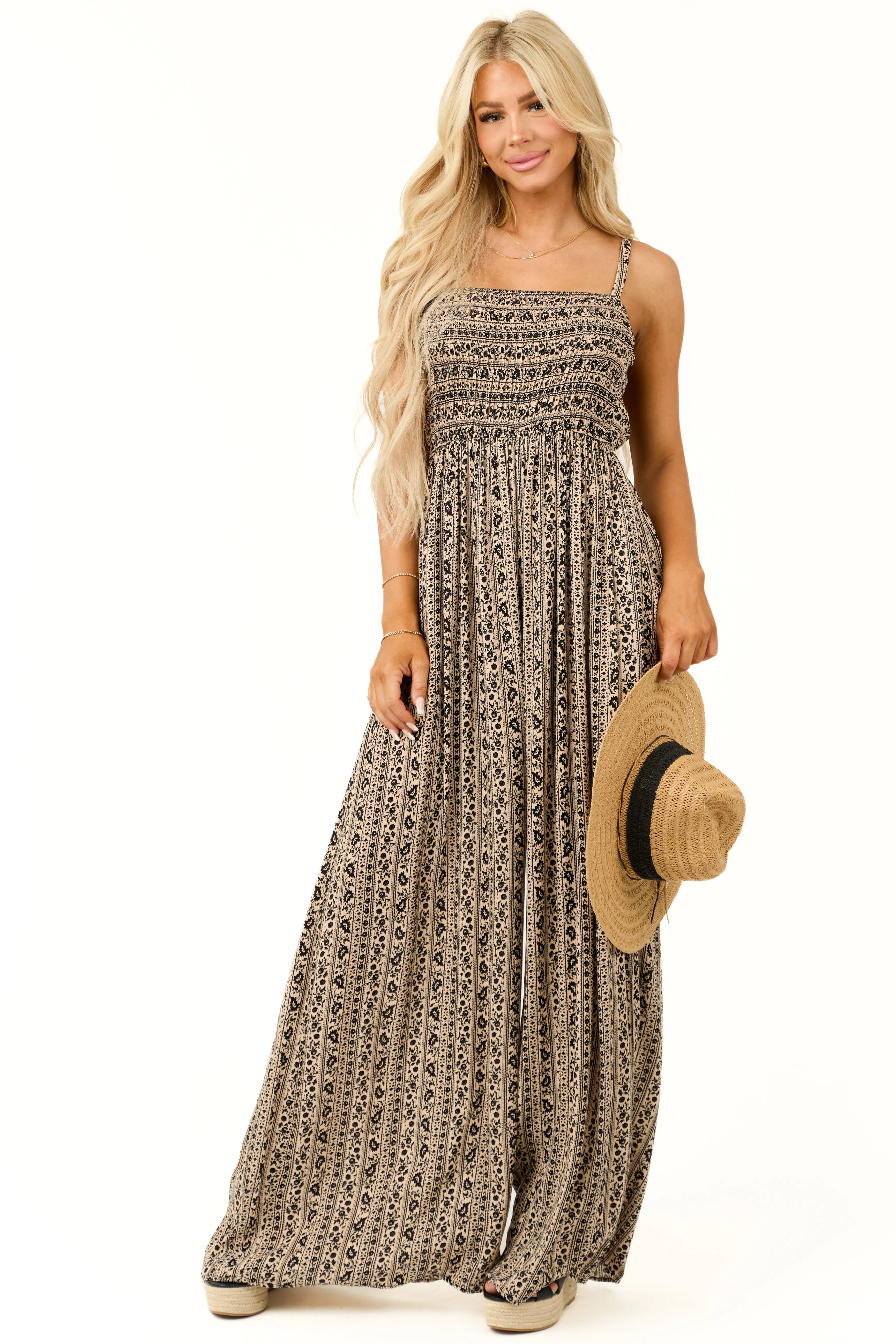 Camel and Black Abstract Print Smocked Jumpsuit sold by Lime Lush product image thumbnail 4