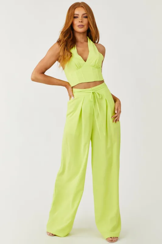 Bright Lime Flowy Wide Leg Waist Tie Pants sold by Lime Lush