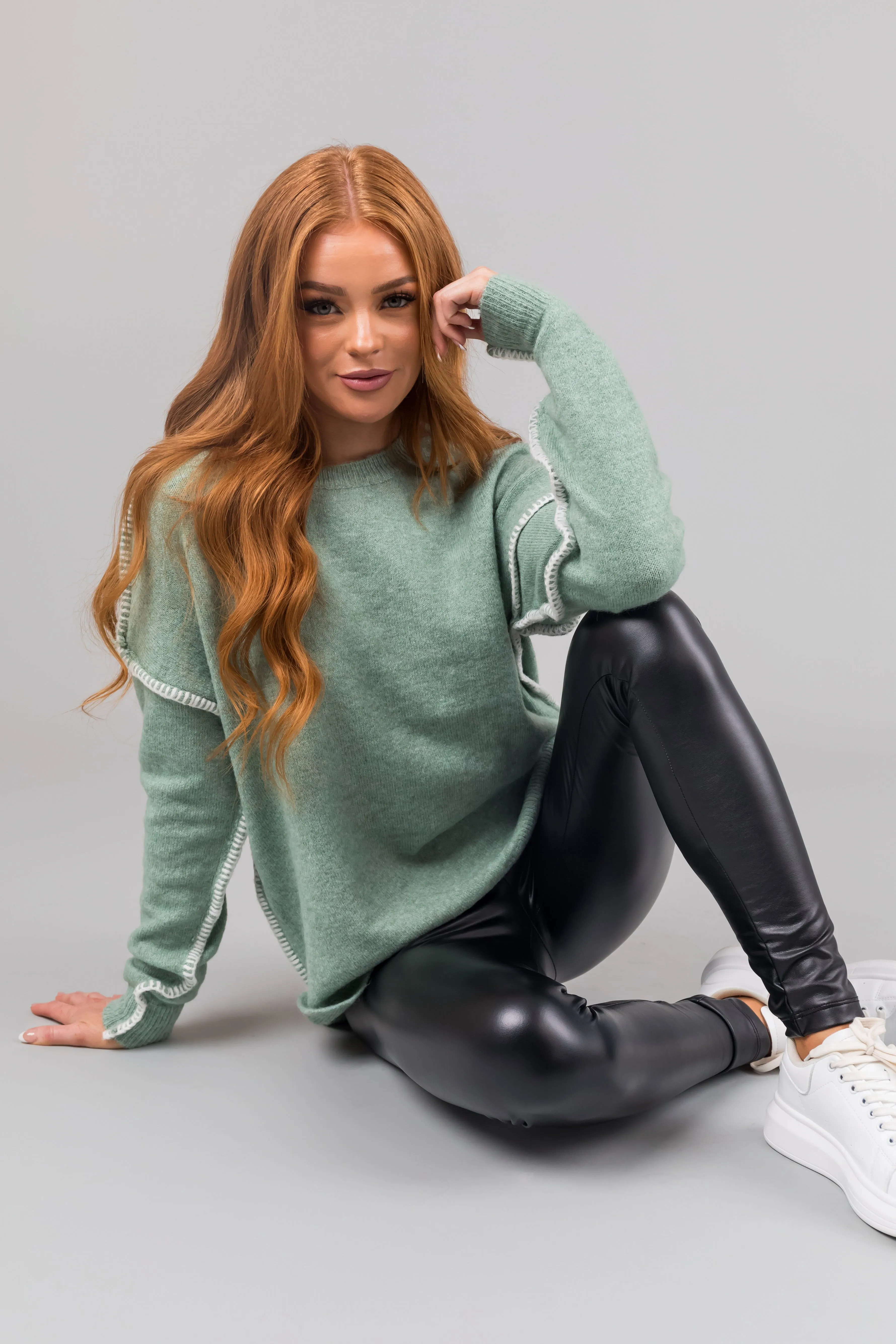 Seafoam Long Sleeve Stitching Detail Sweater sold by Lime Lush product image thumbnail 5