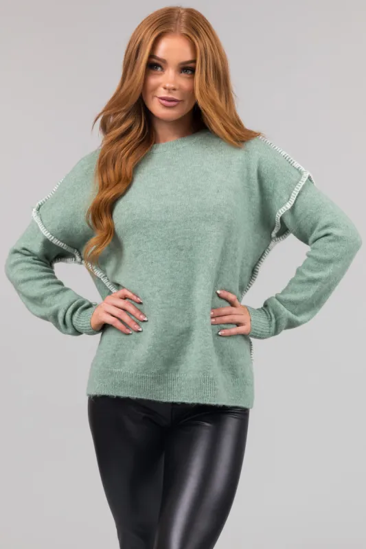 Seafoam Long Sleeve Stitching Detail Sweater sold by Lime Lush