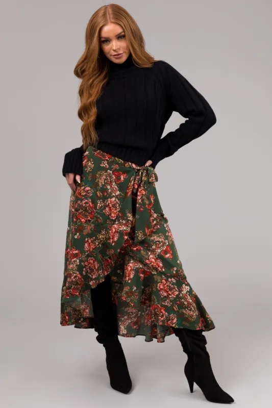 She+Sky Forest Green Floral Print Midi Skirt sold by Lime Lush